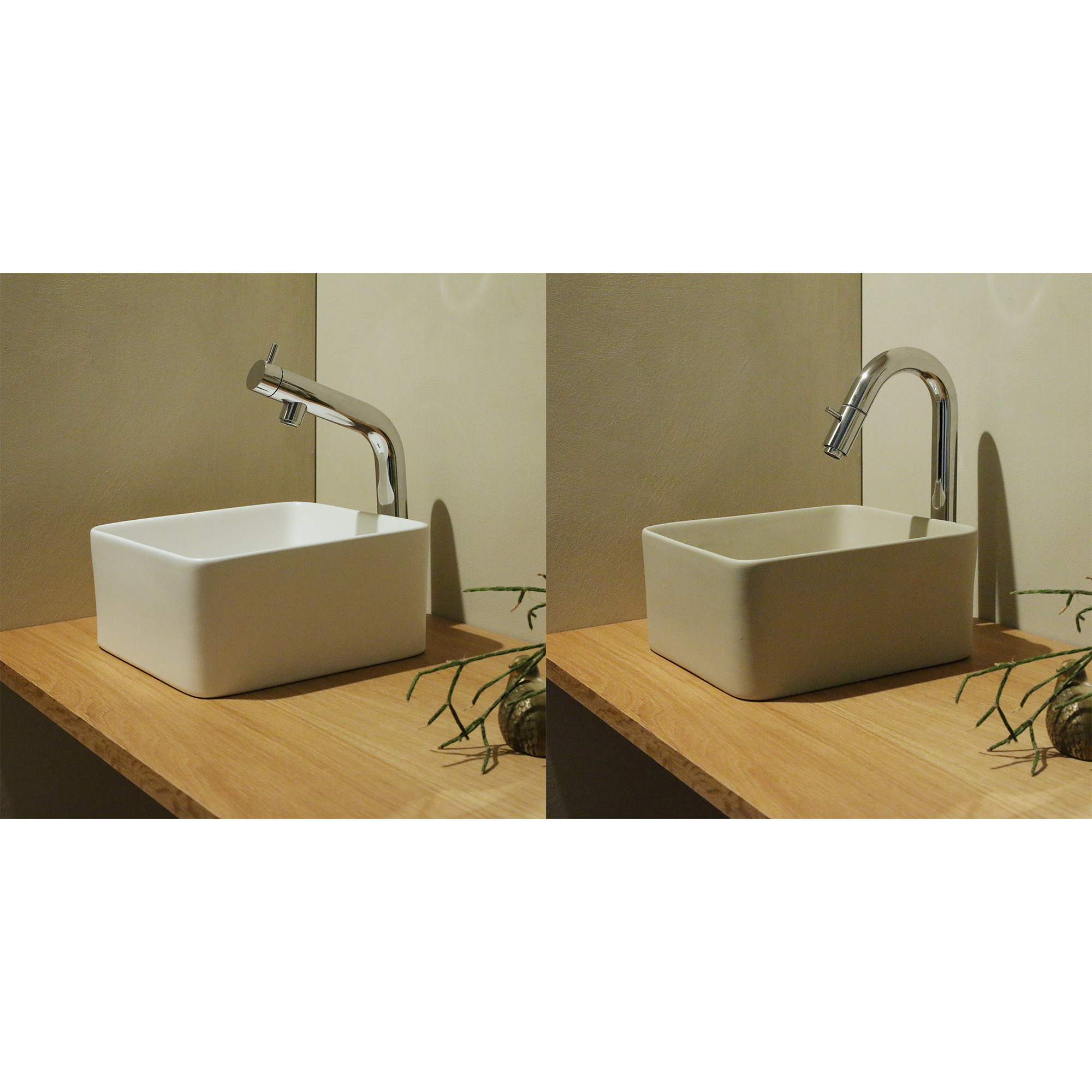 木の手洗いカウンター 陶器の手洗い器 角240 立水栓用 KB-PR013-02-G165 左がベントネック、右がグースネックのオプション単水栓との組み合わせ