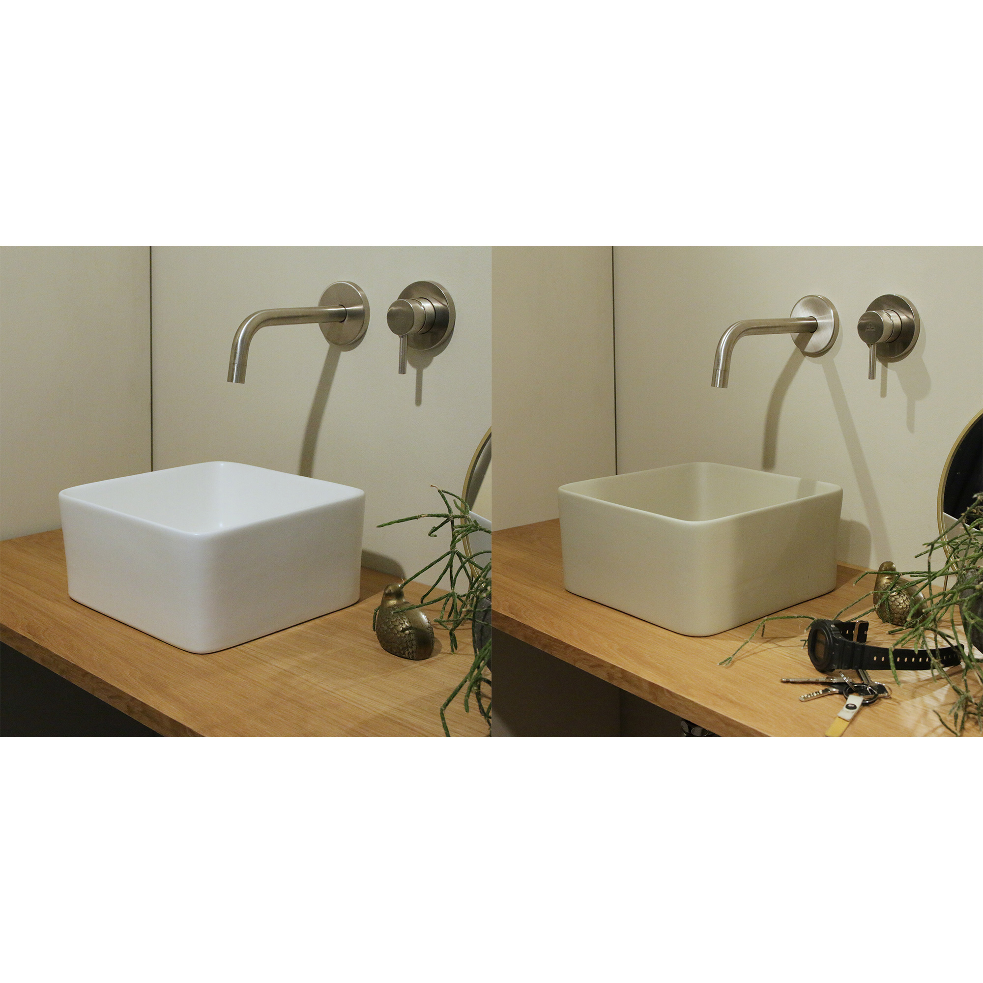 木の手洗いカウンター 陶器の手洗い器 角240 立水栓用 | KB-PR013-02