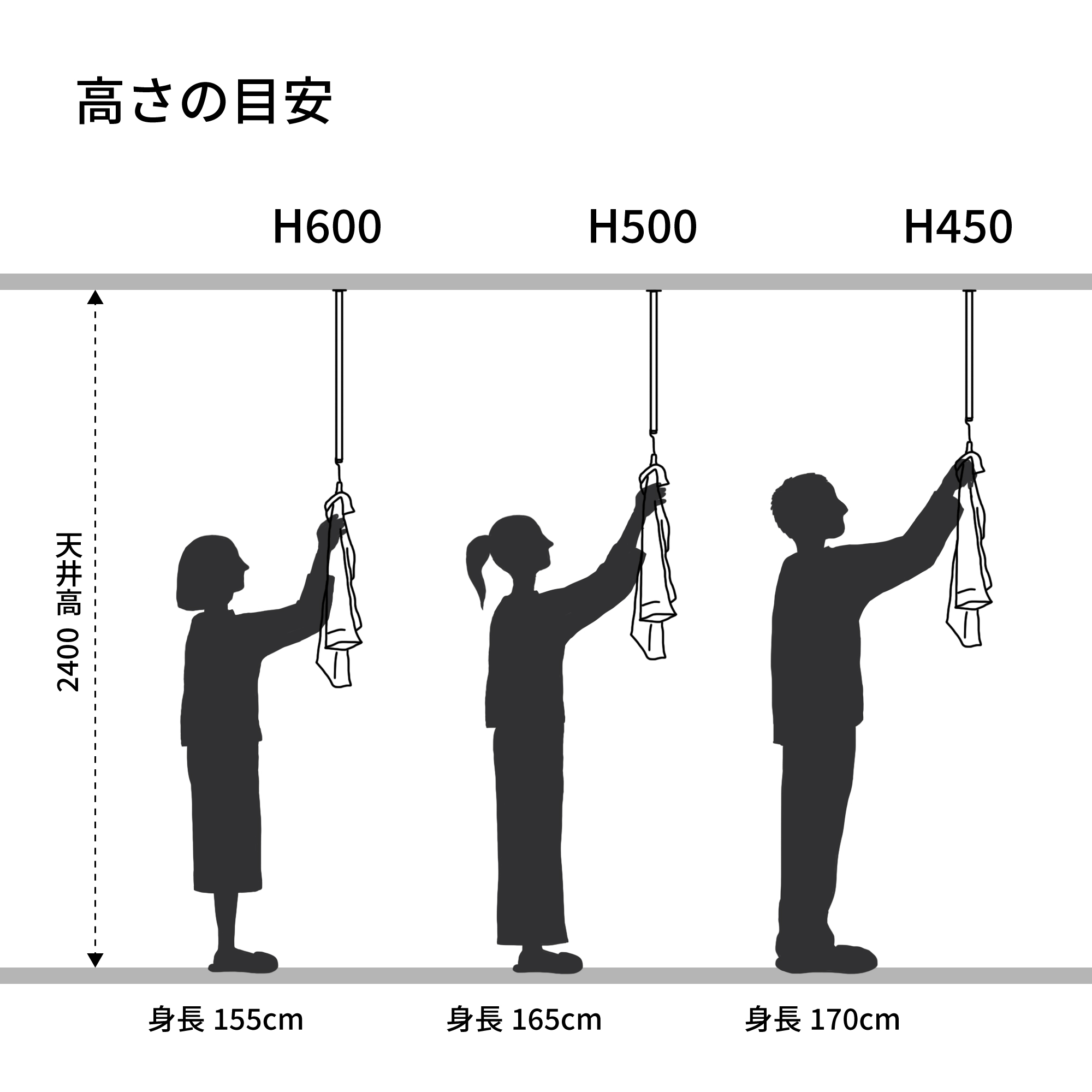 ランドリーハンガーパイプ 水平パイプ W1300 ライトグレー PS-HB012-11-G141 高さの目安