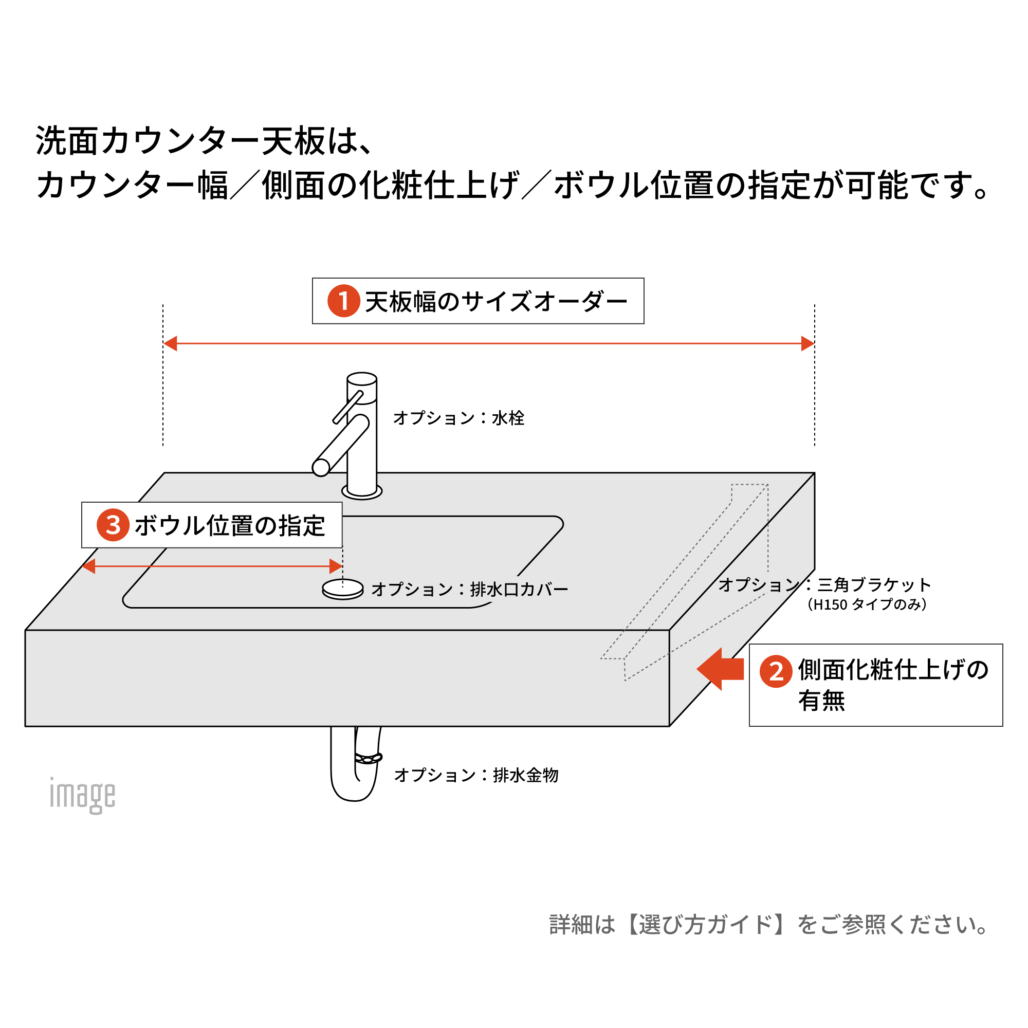 人工大理石の洗面カウンター T23 角丸480ボウル 壁水栓用 KB-PR014-05-G279