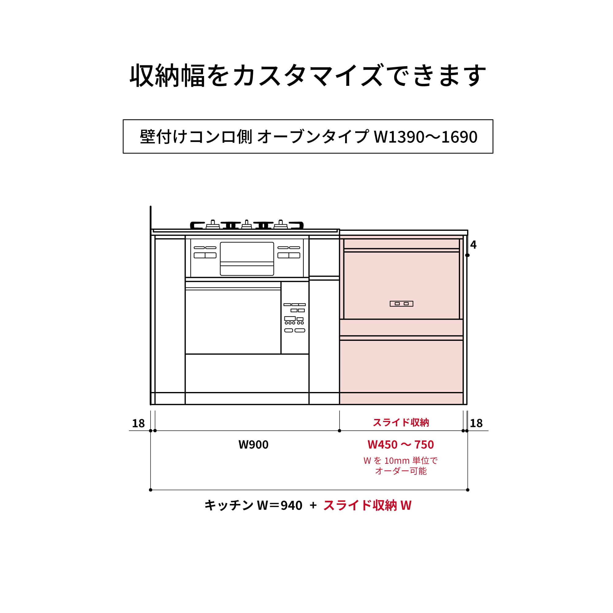 木天板キッチンⅡ型 壁付けコンロ側 オーブンタイプ W1390～1690 KB-KC029-07-G183 収納幅をカスタマイズできます