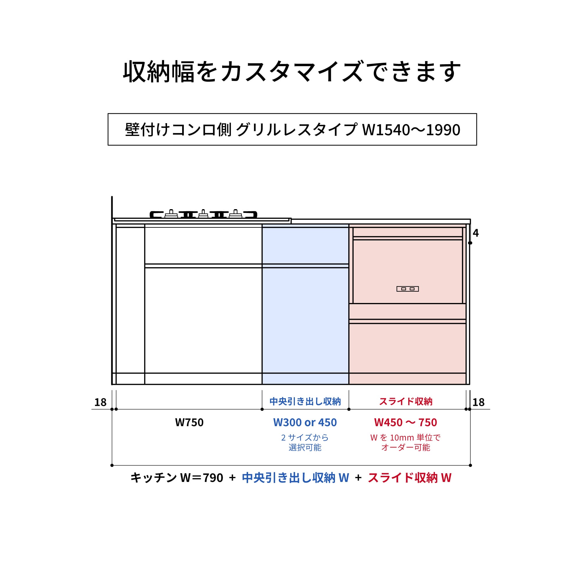 木天板キッチンⅡ型 壁付けコンロ側 グリルレスタイプ W1540～1990 KB-KC029-08-G183 収納幅をカスタマイズできます