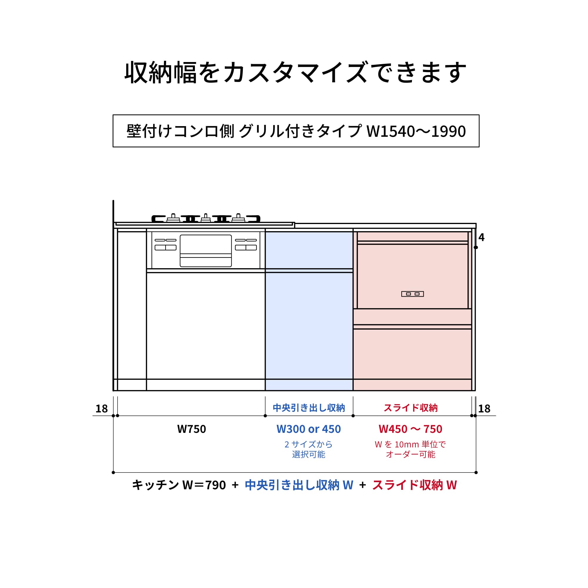 木天板キッチンⅡ型 壁付けコンロ側 グリル付きタイプ W1540～1990 KB-KC029-09-G183 収納幅をカスタマイズできます