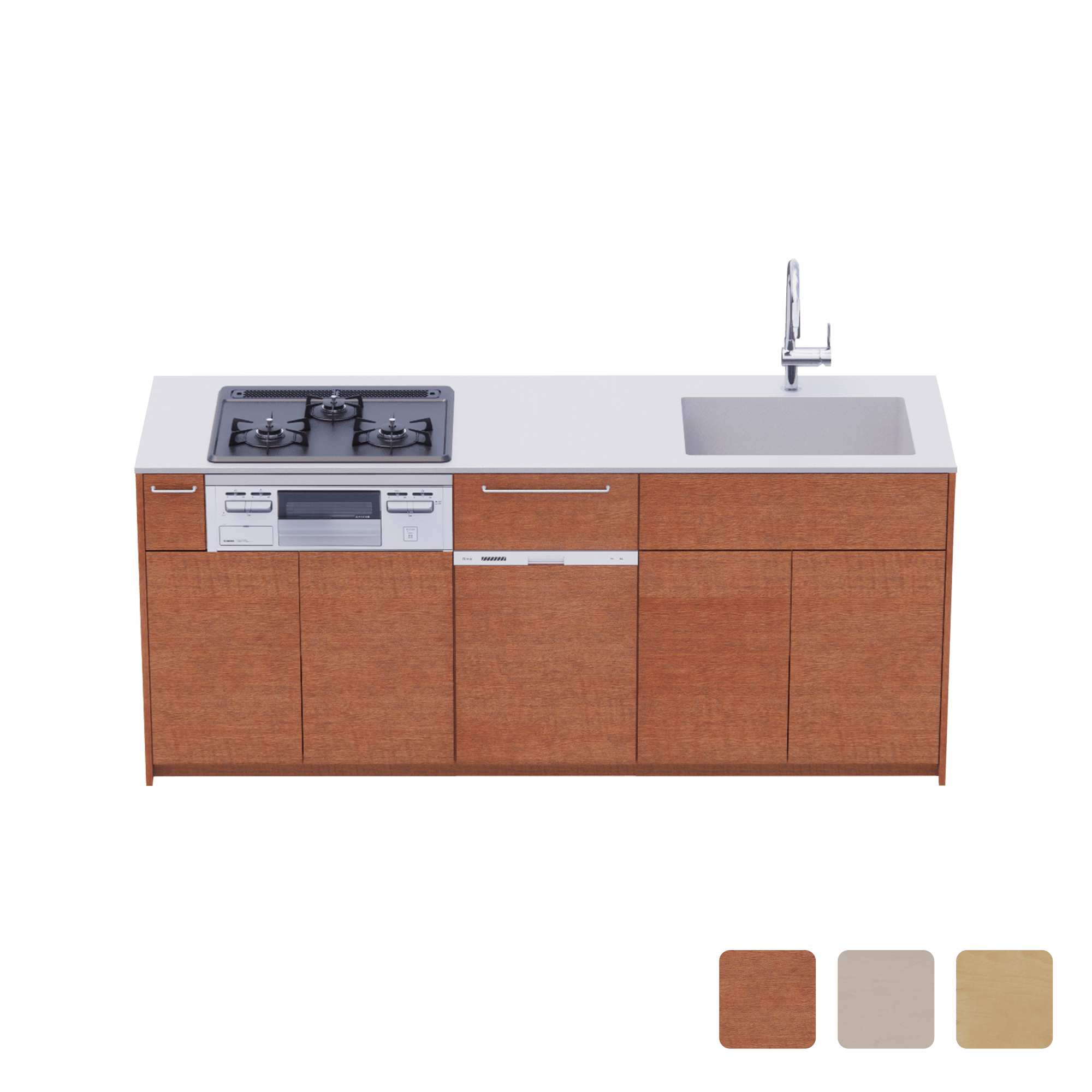 木製システムキッチン 壁付け型 W1990・コンロあり / オーブンなし / 食洗機あり