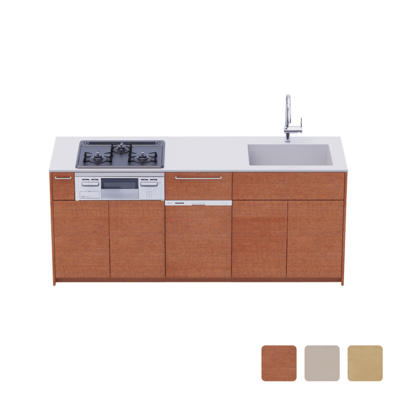 木製システムキッチン 壁付け型 W1990・コンロあり / オーブンなし / 食洗機あり