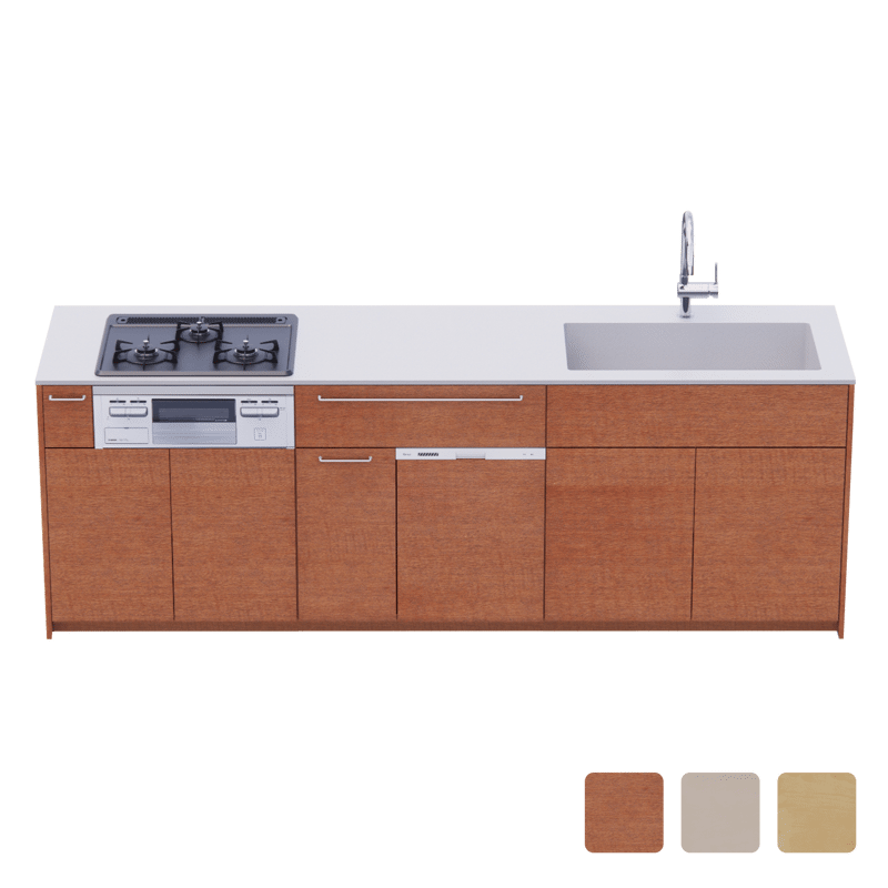 木製システムキッチン 壁付け型 W2440～2740・コンロあり / オーブンなし / 食洗機あり