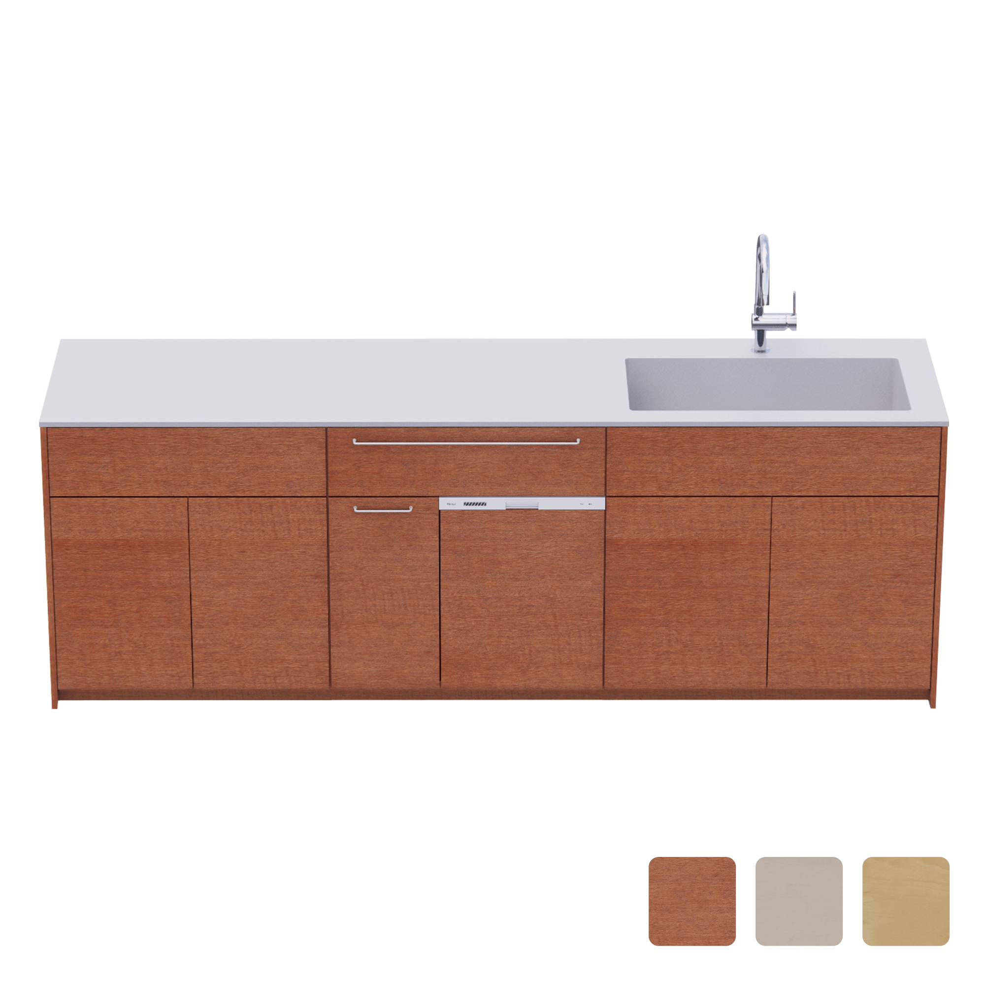 木製システムキッチン 壁付け型 W2440～2740・コンロなし / オーブンなし / 食洗機あり