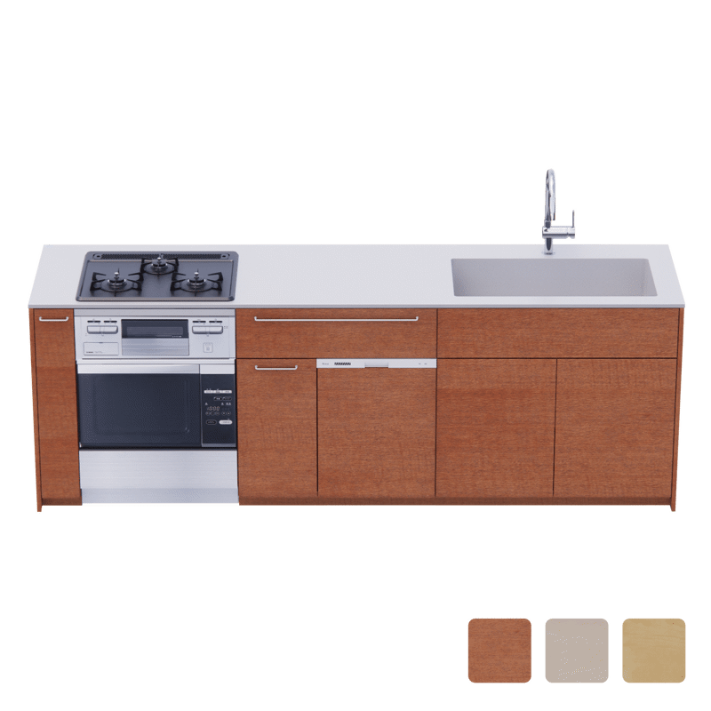 木製システムキッチン 壁付け型 W2440～2740・コンロあり / オーブンあり / 食洗機あり