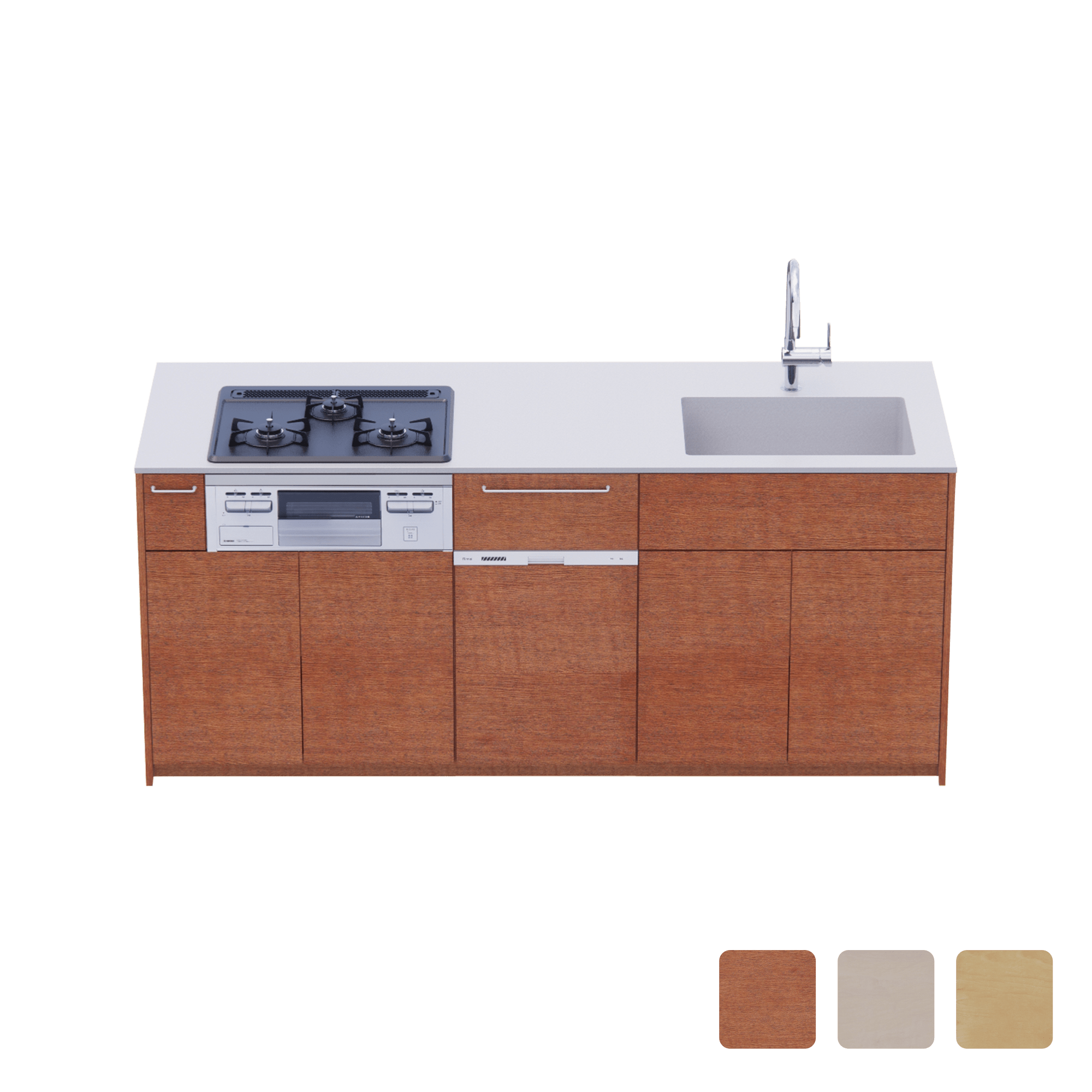 木製システムキッチン 対面型 W1990・コンロあり / オーブンなし / 食洗機あり
