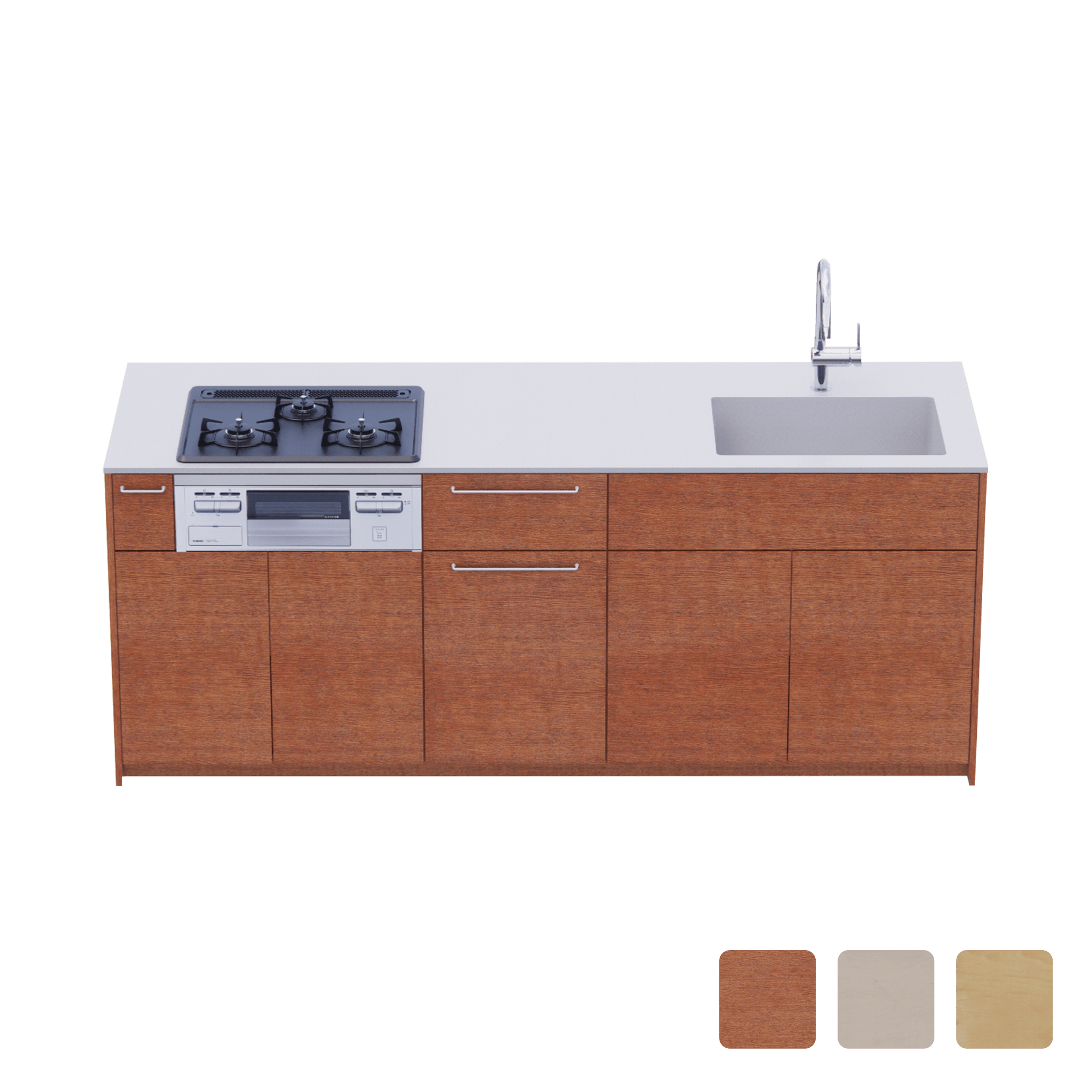 木製システムキッチン 対面型 W2140～2290・コンロあり / オーブンなし / 食洗機なし