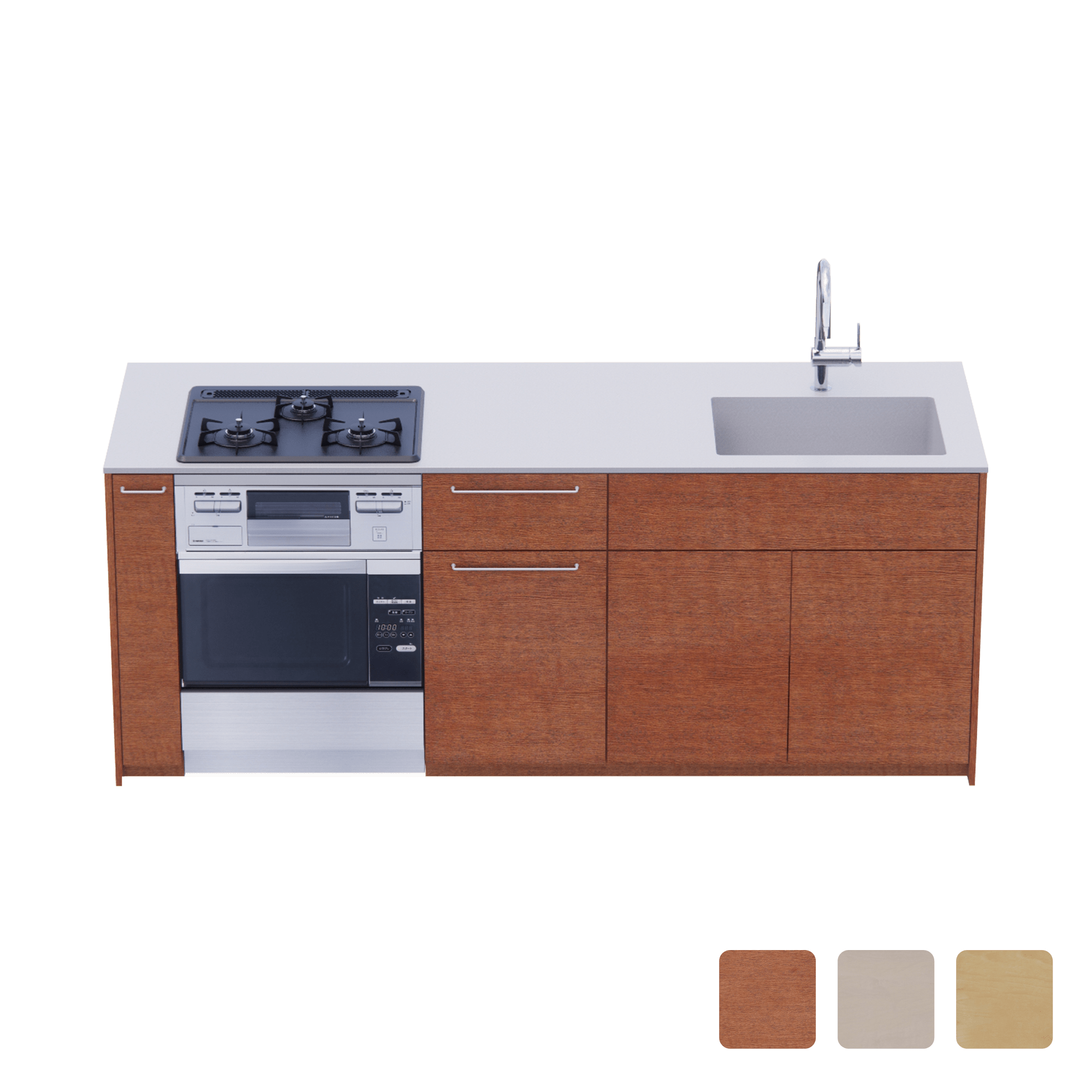 木製システムキッチン 対面型 W2140～2290・コンロあり / オーブンあり / 食洗機なし