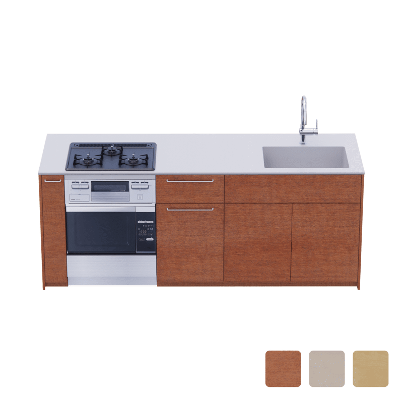 木製システムキッチン 対面型 W2140～2290・コンロあり / オーブンあり / 食洗機なし
