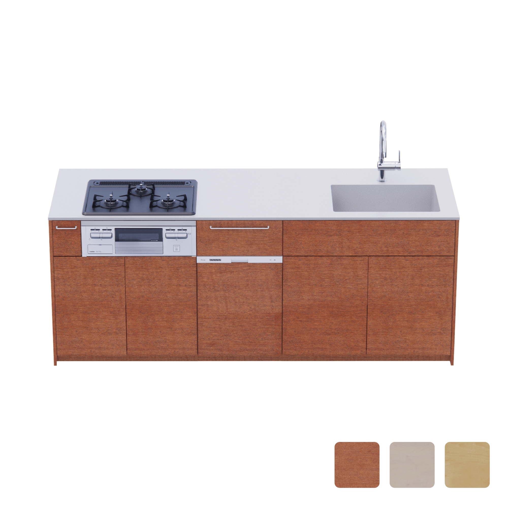 木製システムキッチン 対面型 W2140～2290・コンロあり / オーブンなし / 食洗機あり