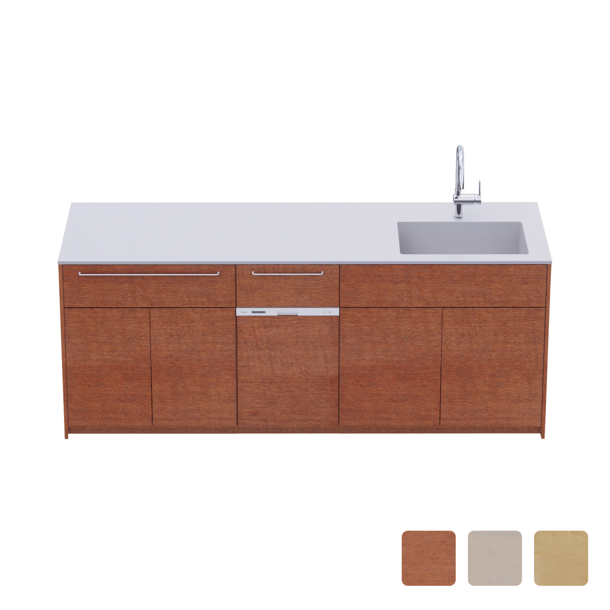 木製システムキッチン 対面型 W2140～2290・コンロなし / オーブンなし / 食洗機あり