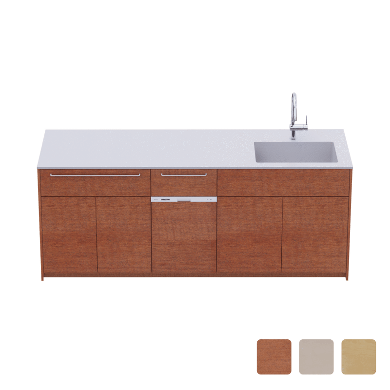 木製システムキッチン 対面型 W2140～2290・コンロなし / オーブンなし / 食洗機あり