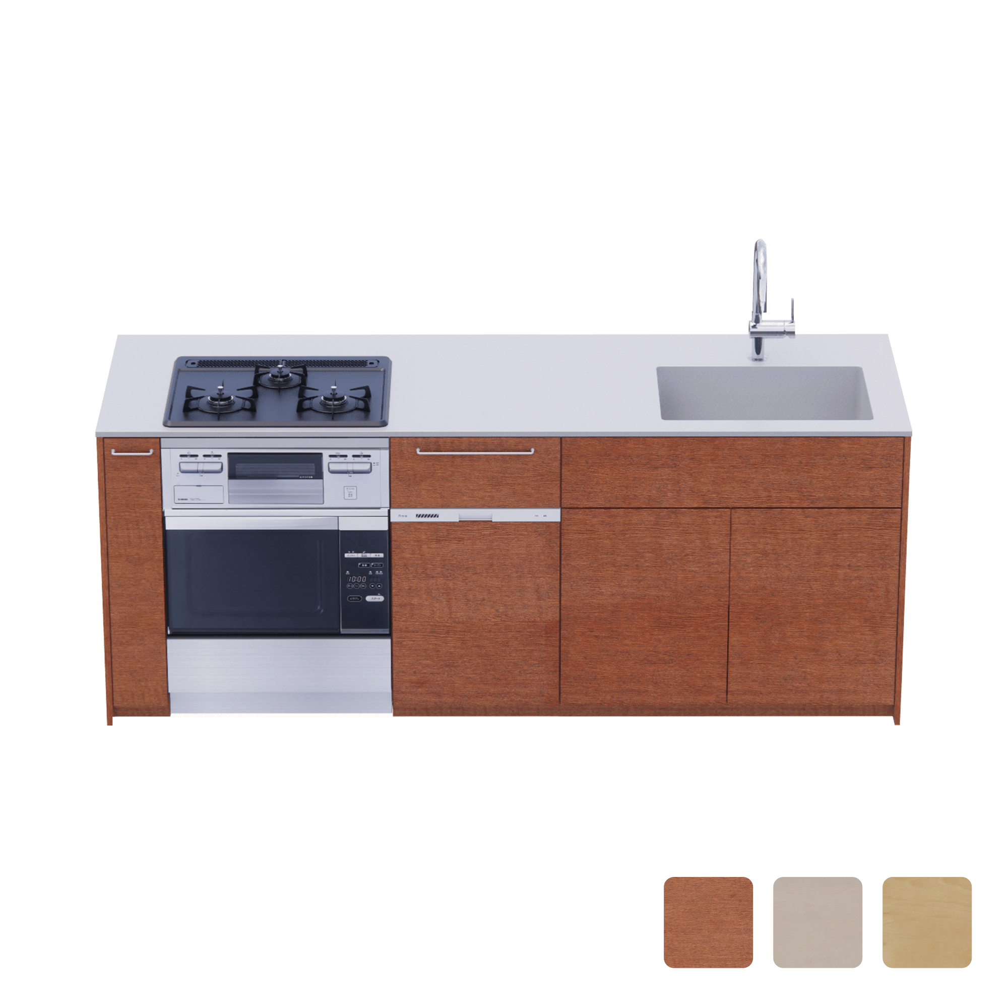 木製システムキッチン 対面型 W2140～2290・コンロあり / オーブンあり / 食洗機あり