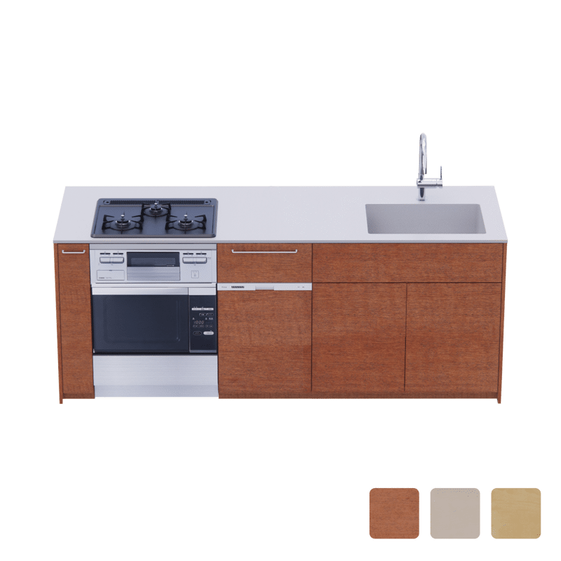 木製システムキッチン対面型 W2140～2290・コンロあり / オーブンあり / 食洗機あり