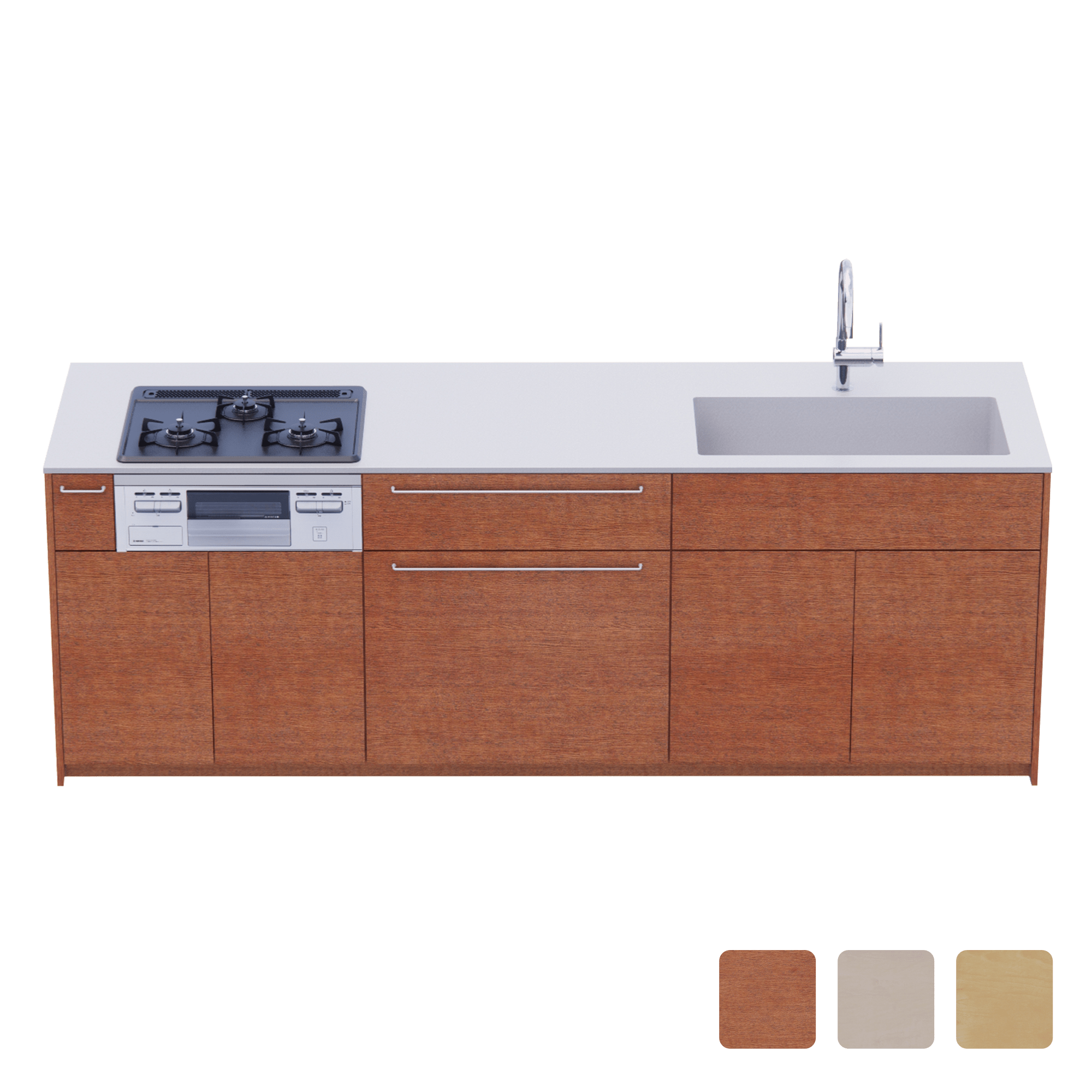 木製システムキッチン 対面型 W2440～2740・コンロあり / オーブンなし / 食洗機なし