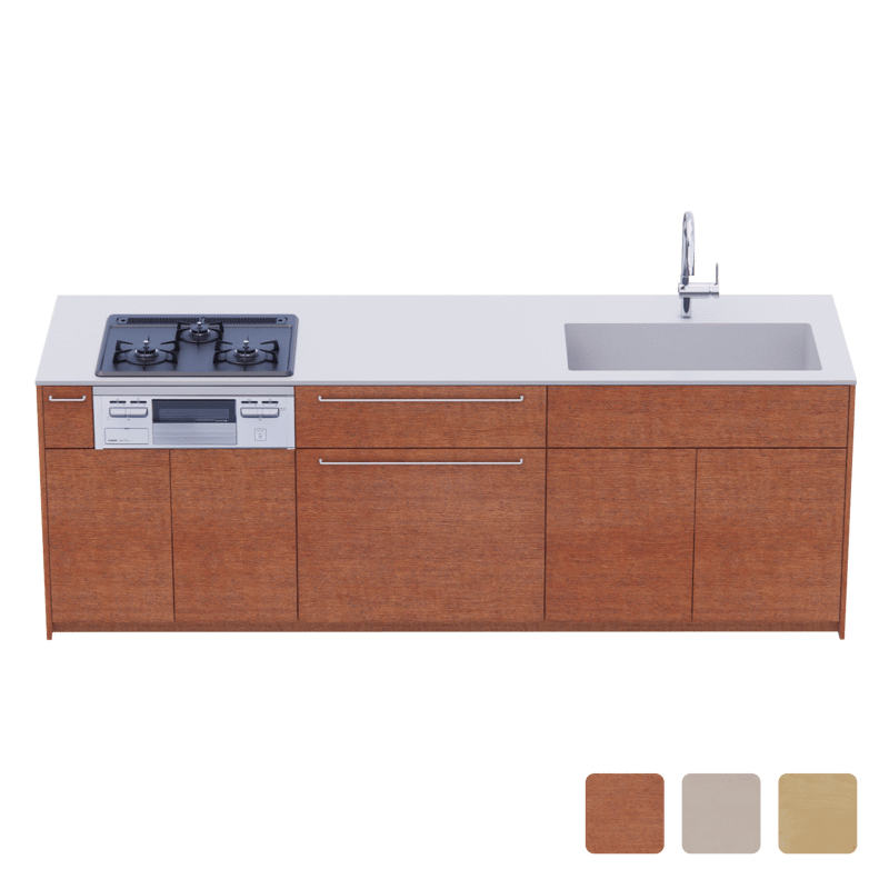 木製システムキッチン 対面型 W2440～2740・コンロあり / オーブンなし / 食洗機なし
