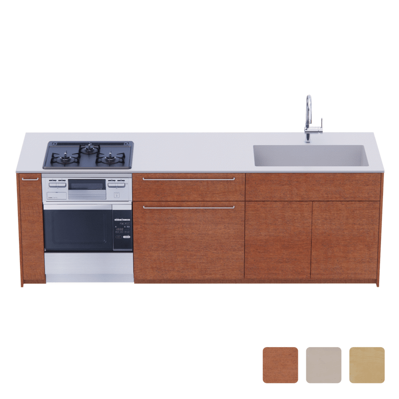 木製システムキッチン 対面型 W2440～2740・コンロあり / オーブンあり / 食洗機なし