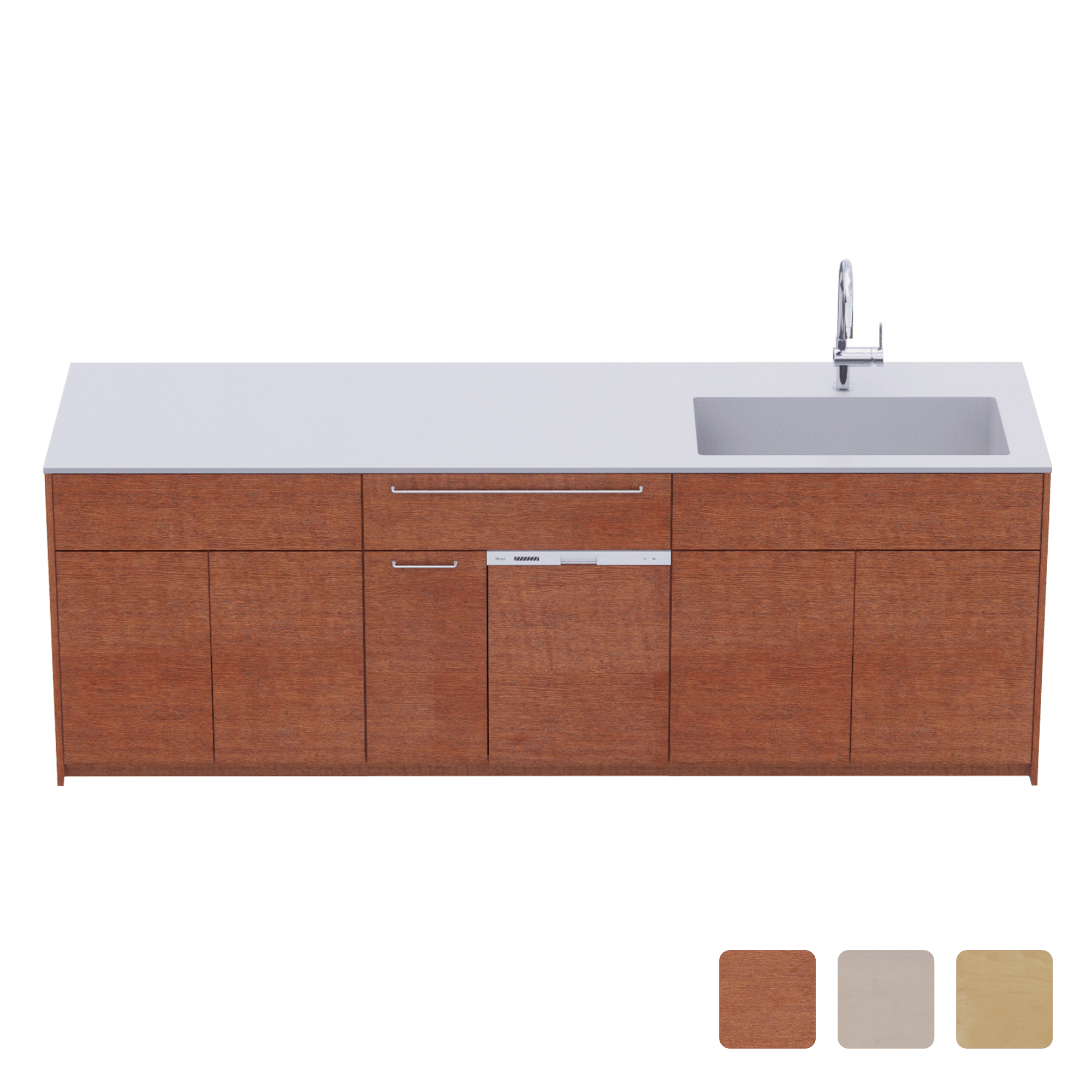 木製システムキッチン 対面型 W2440～2740・コンロなし / オーブンなし / 食洗機あり