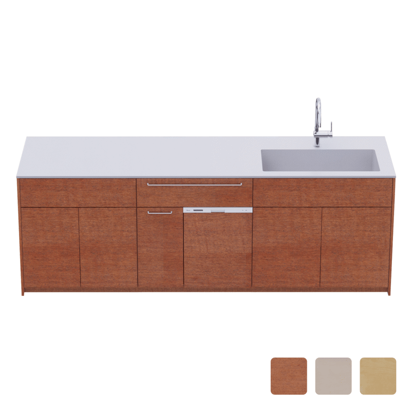 木製システムキッチン 対面型 W2440～2740・コンロなし / オーブンなし / 食洗機あり