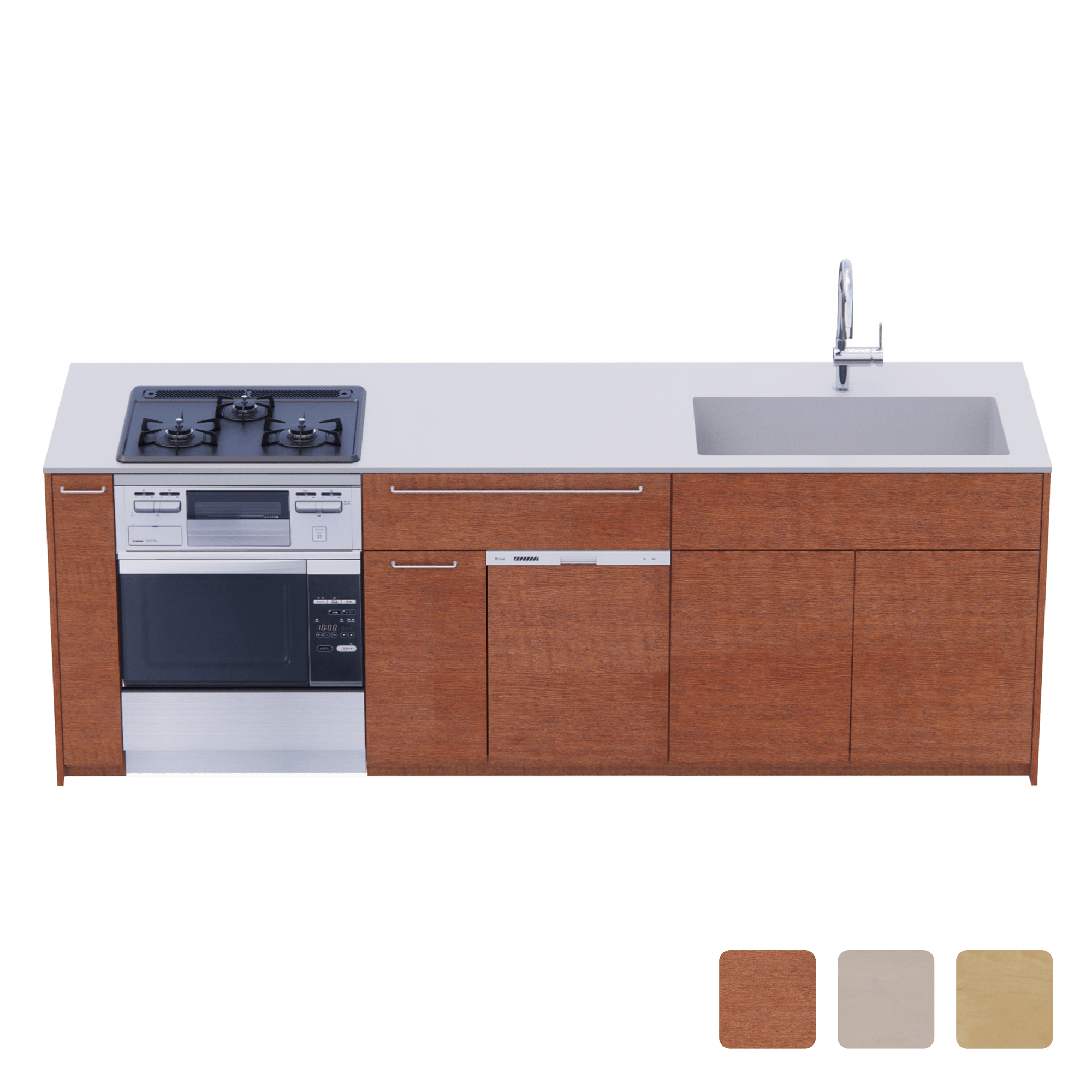 木製システムキッチン 対面型 W2440～2740・コンロあり / オーブンあり / 食洗機あり