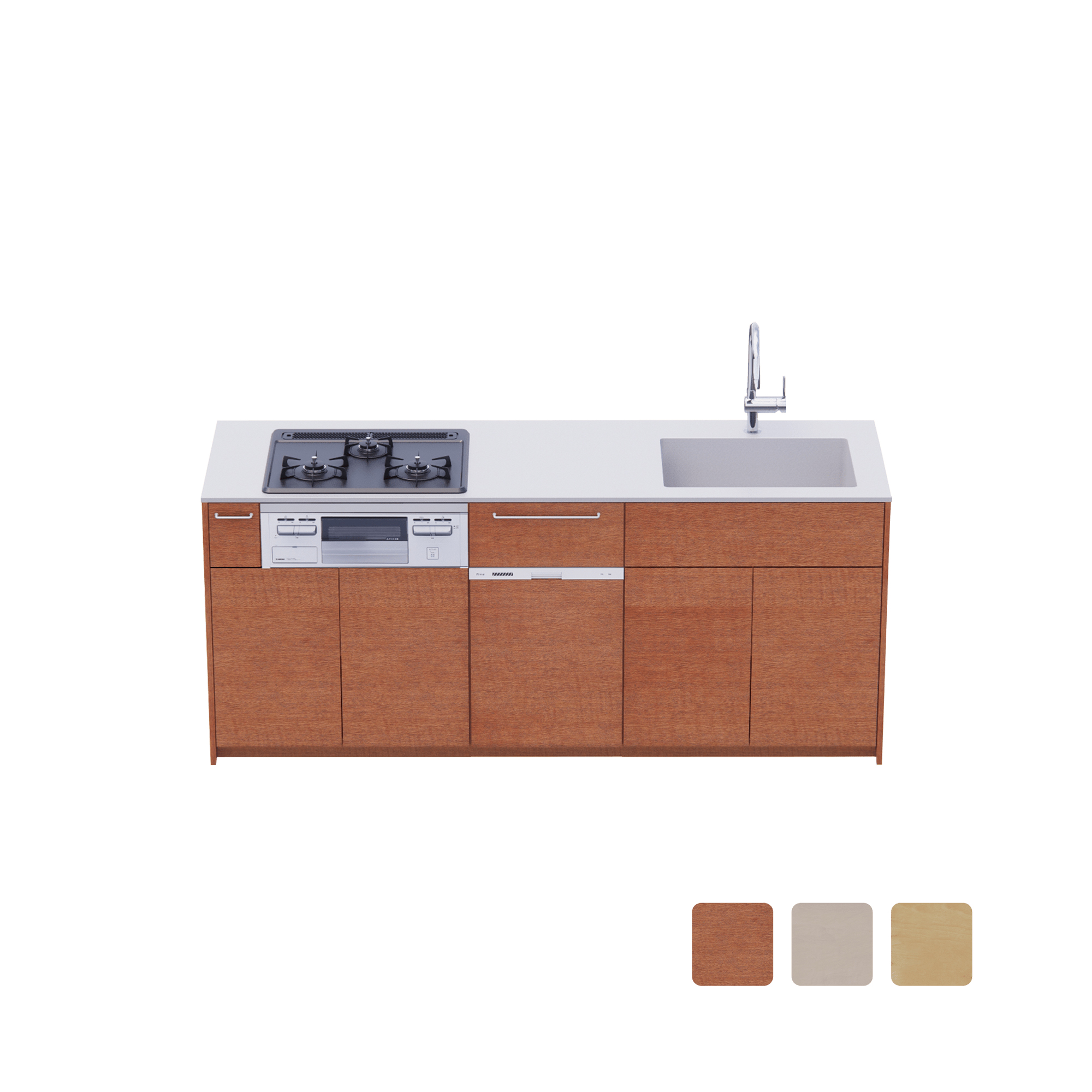 木製システムキッチン 壁付け型 W1990・コンロあり / オーブンなし / 食洗機あり KB-KC022-15-G183 壁付け型 W1990　※ 別売り品の水栓・コンロ・食洗機を設置した時のイメージです