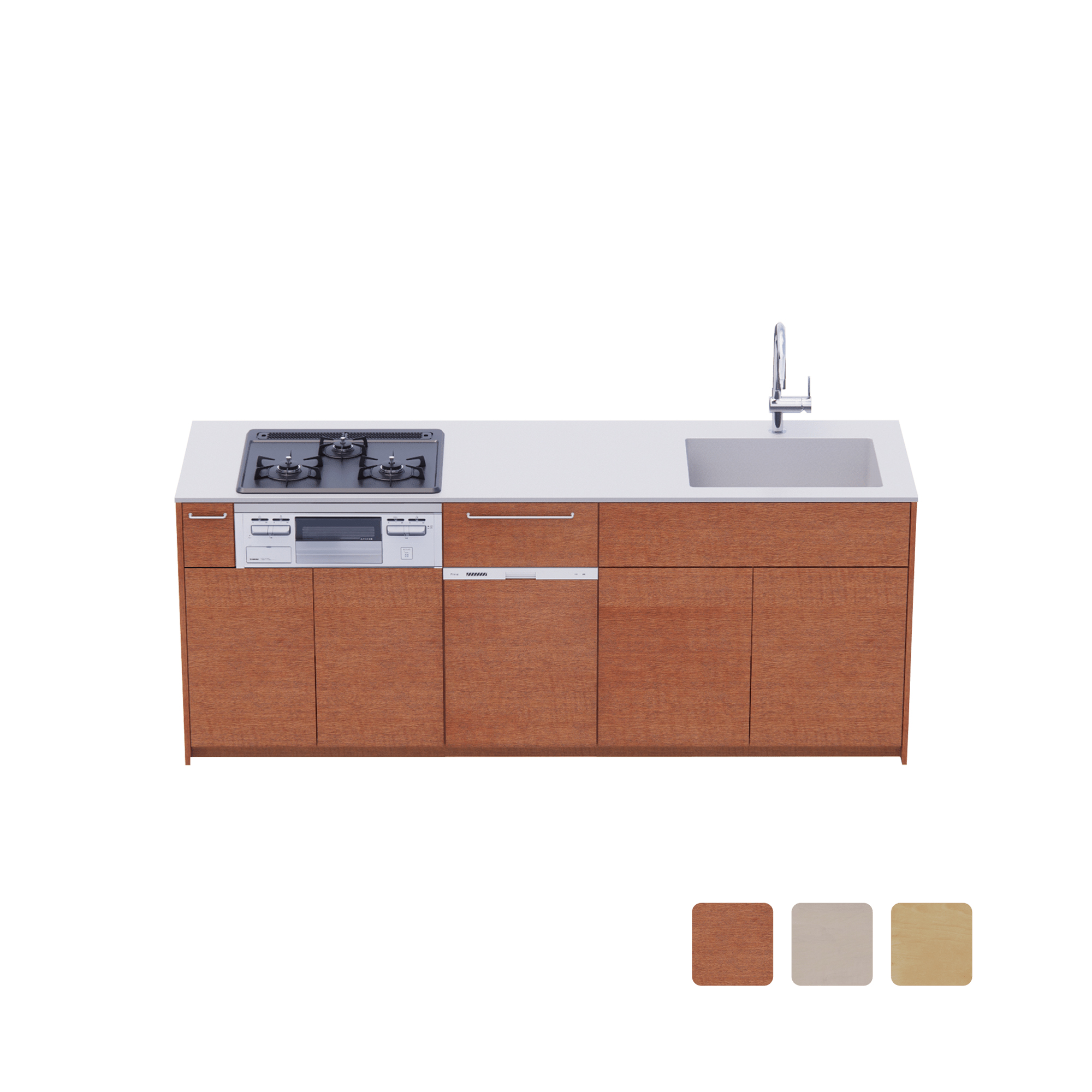 木製システムキッチン 壁付け型 W2140～2290・コンロあり / オーブンなし / 食洗機あり KB-KC022-20-G183 壁付け型 W2140　※ 別売り品の水栓・コンロ・食洗機を設置した時のイメージです