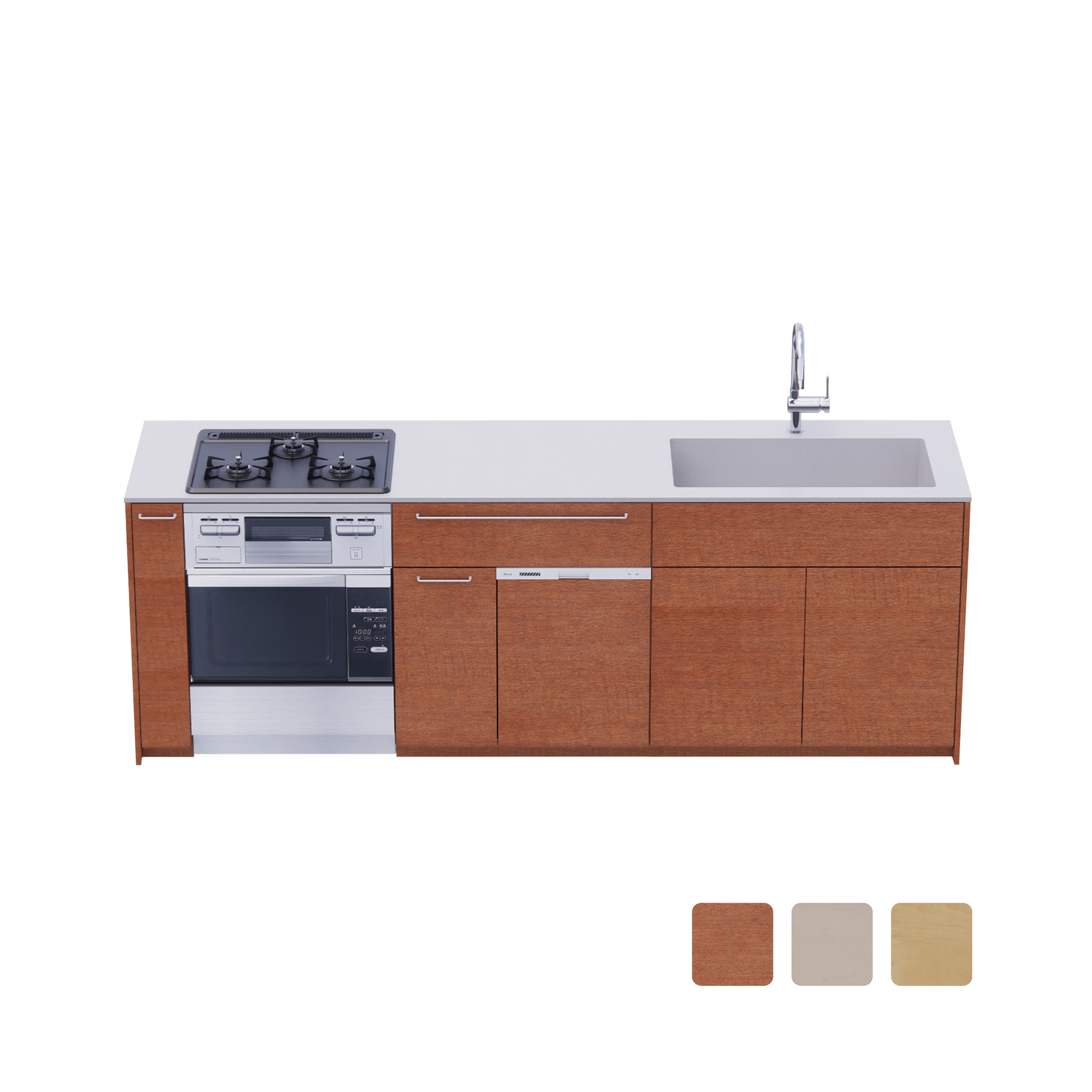 木製システムキッチン 壁付け型 W2440～2740・コンロあり / オーブンあり / 食洗機あり KB-KC022-28-G183 壁付け型 W2440　※ 別売り品の水栓・コンロ・オーブン・食洗機を設置した時のイメージです
