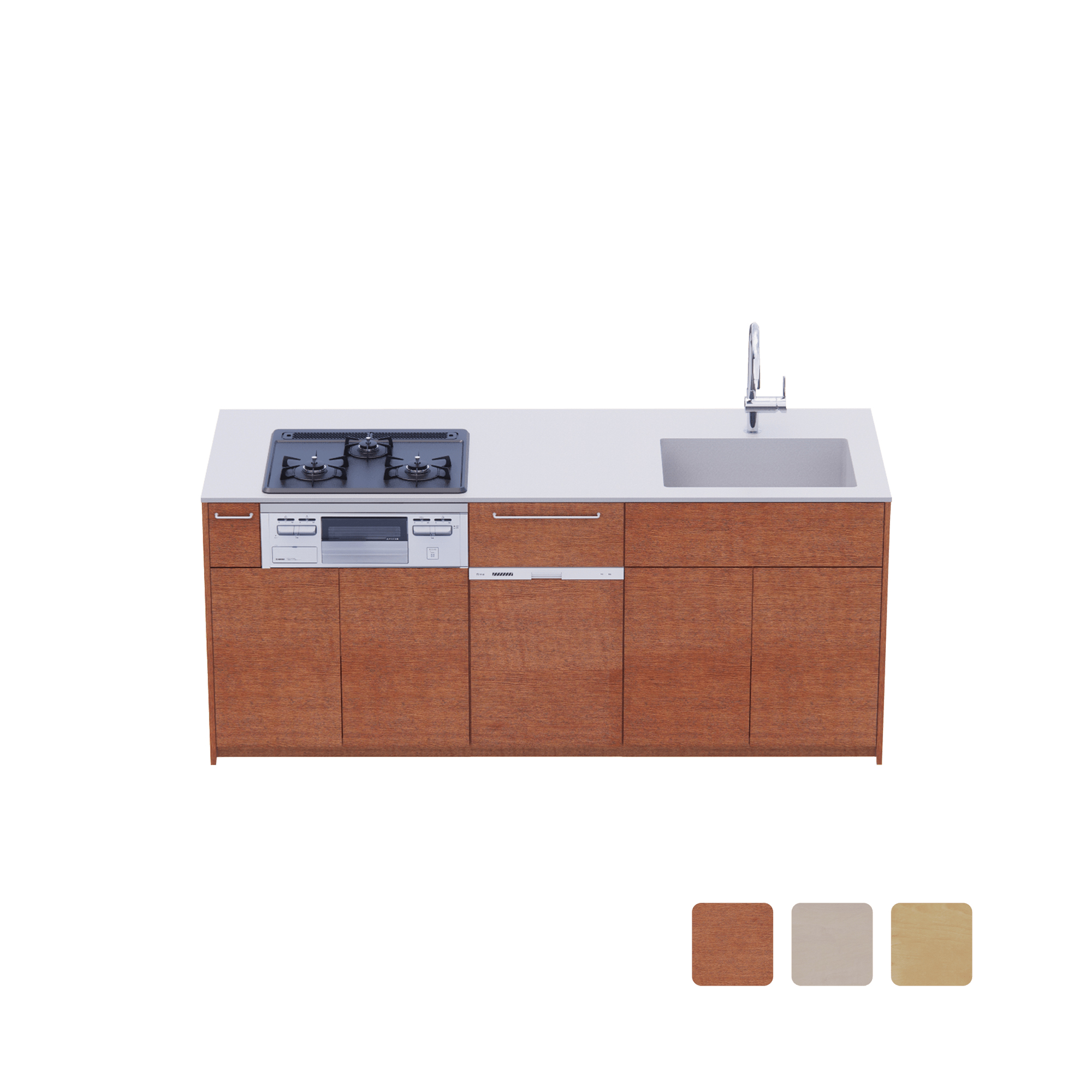 木製システムキッチン 対面型 W1990・コンロあり / オーブンなし / 食洗機あり KB-KC022-33-G183 対面型 W1990　※ 別売り品の水栓・コンロ・食洗機を設置した時のイメージです