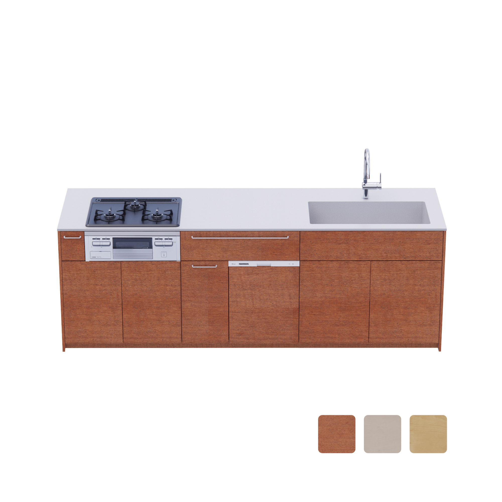 木製システムキッチン 対面型 W2440～2740・コンロあり / オーブンなし / 食洗機あり KB-KC022-44-G183 対面型 W2440　※ 別売り品の水栓・コンロ・食洗機を設置した時のイメージです