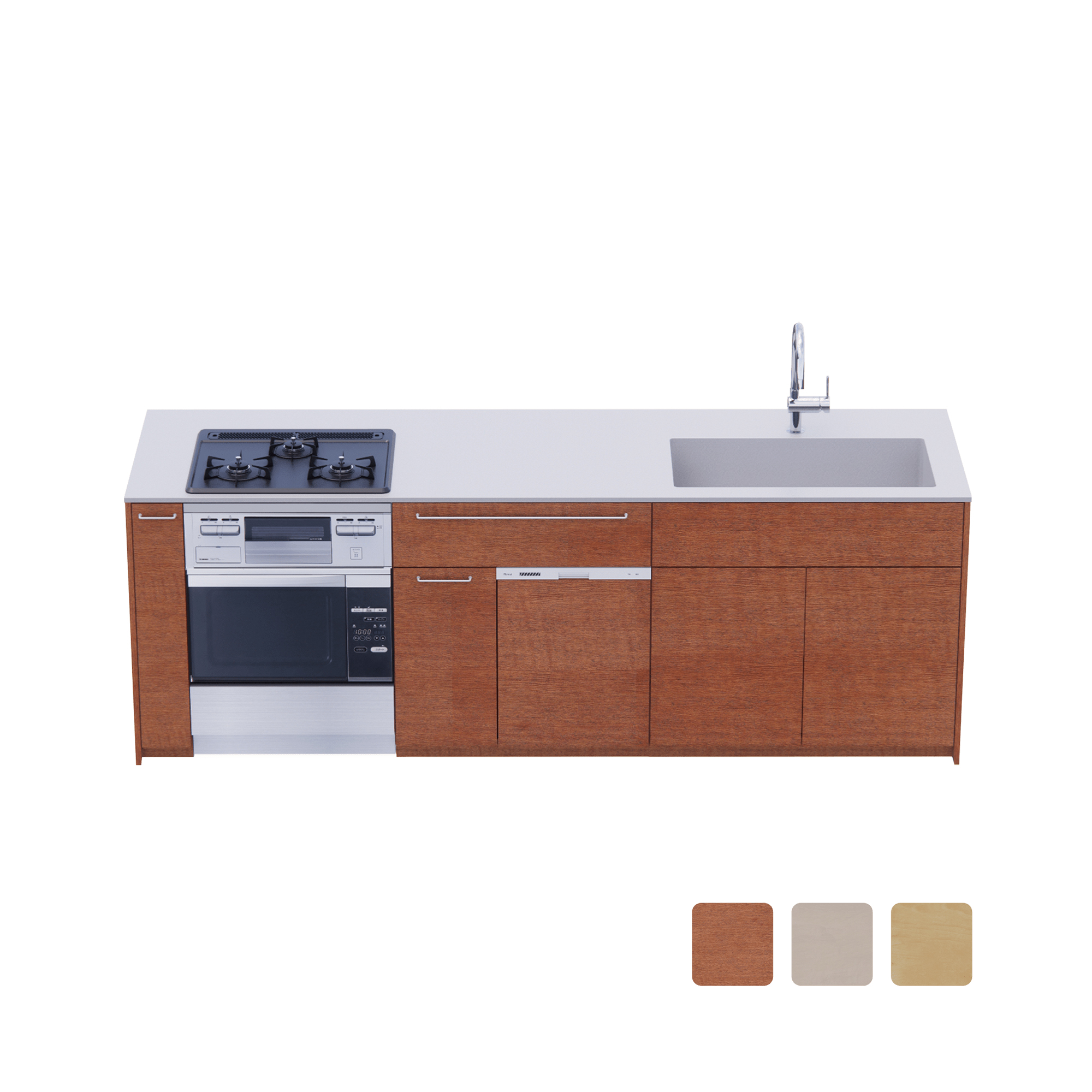 木製システムキッチン 対面型 W2440～2740・コンロあり / オーブンあり / 食洗機あり KB-KC022-46-G183 対面型 W2440　※ 別売り品の水栓・コンロ・オーブン・食洗機を設置した時のイメージです