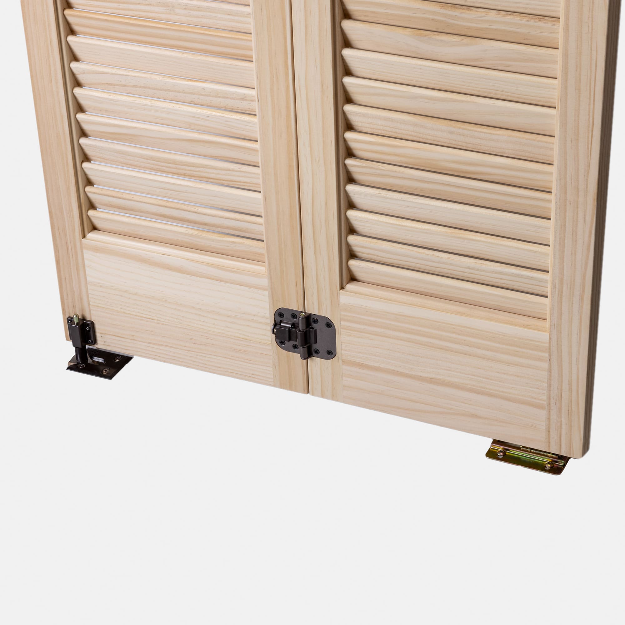 木製パインルーバー折れ戸 片開き 752×2007 DW-DR011-02-G111 扉の裏側。振れ止め、ボトムピボット受け金具が付属します