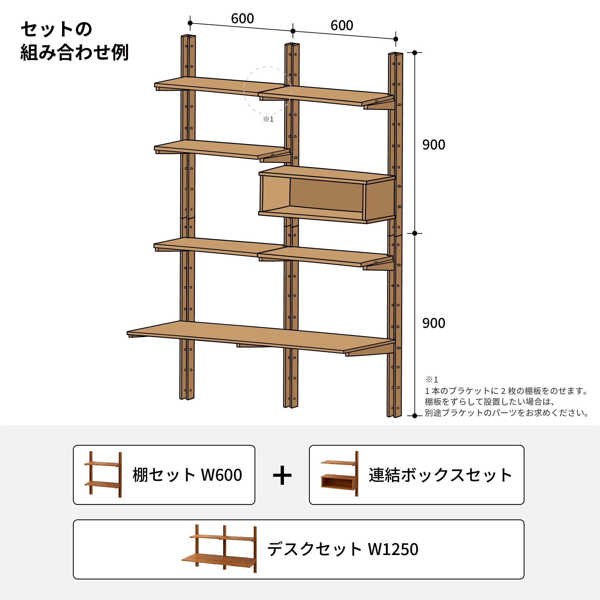 木製シェルビング 連結ボックスセット PS-BK009-62-G289 基本セットと連結セットを組み合わせて高さ・幅の拡張が可能です。W1250のデスクセット+棚セットW600+連結棚セットW600+連結ボックスセットを組み合わせた例