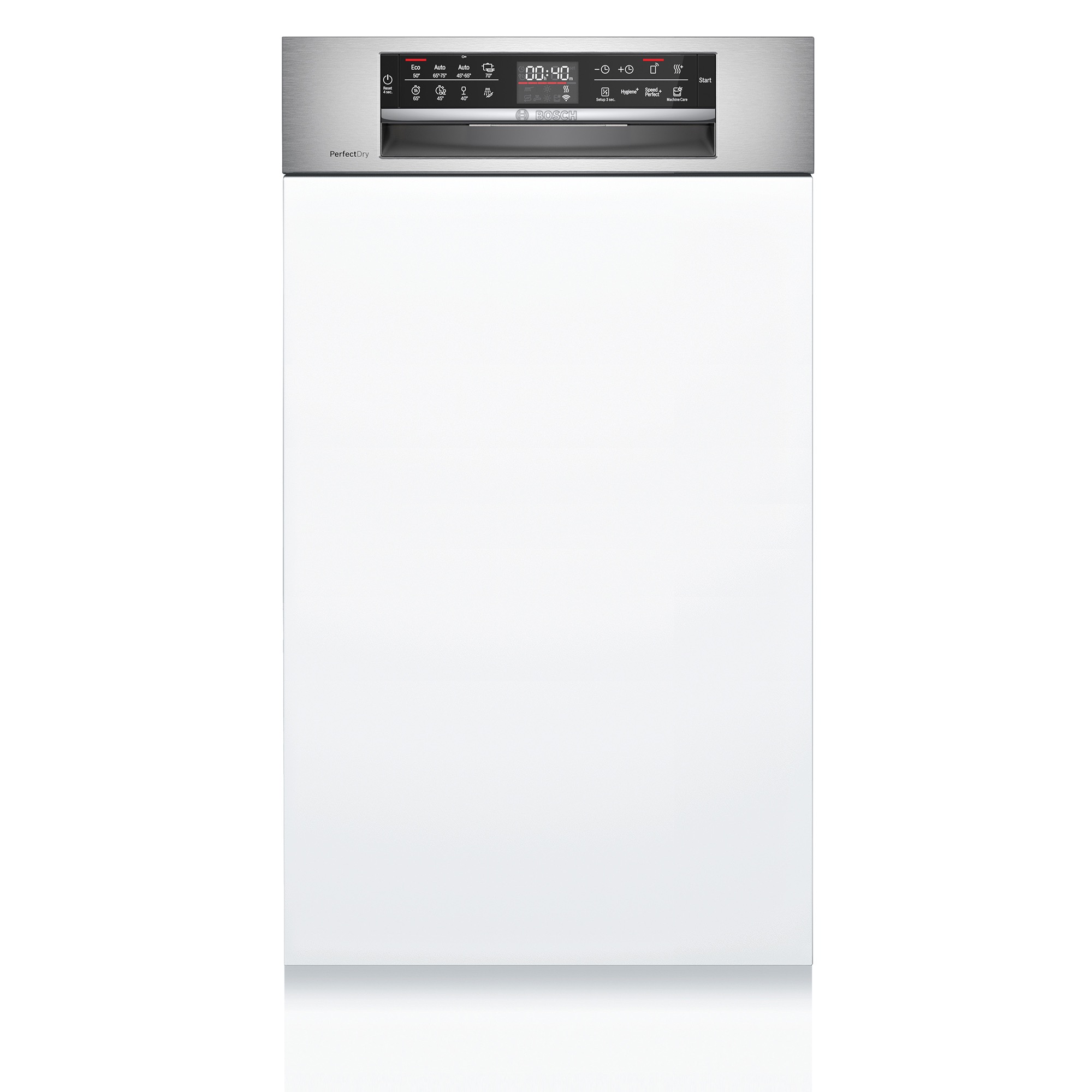 ビルトイン食洗機 フロントオープン W450 前面操作タイプ ゼオライトドライ（本体のみ） KB-PT004-08-G234 正面に操作パネルがあります。白い面材と巾木は付属しません