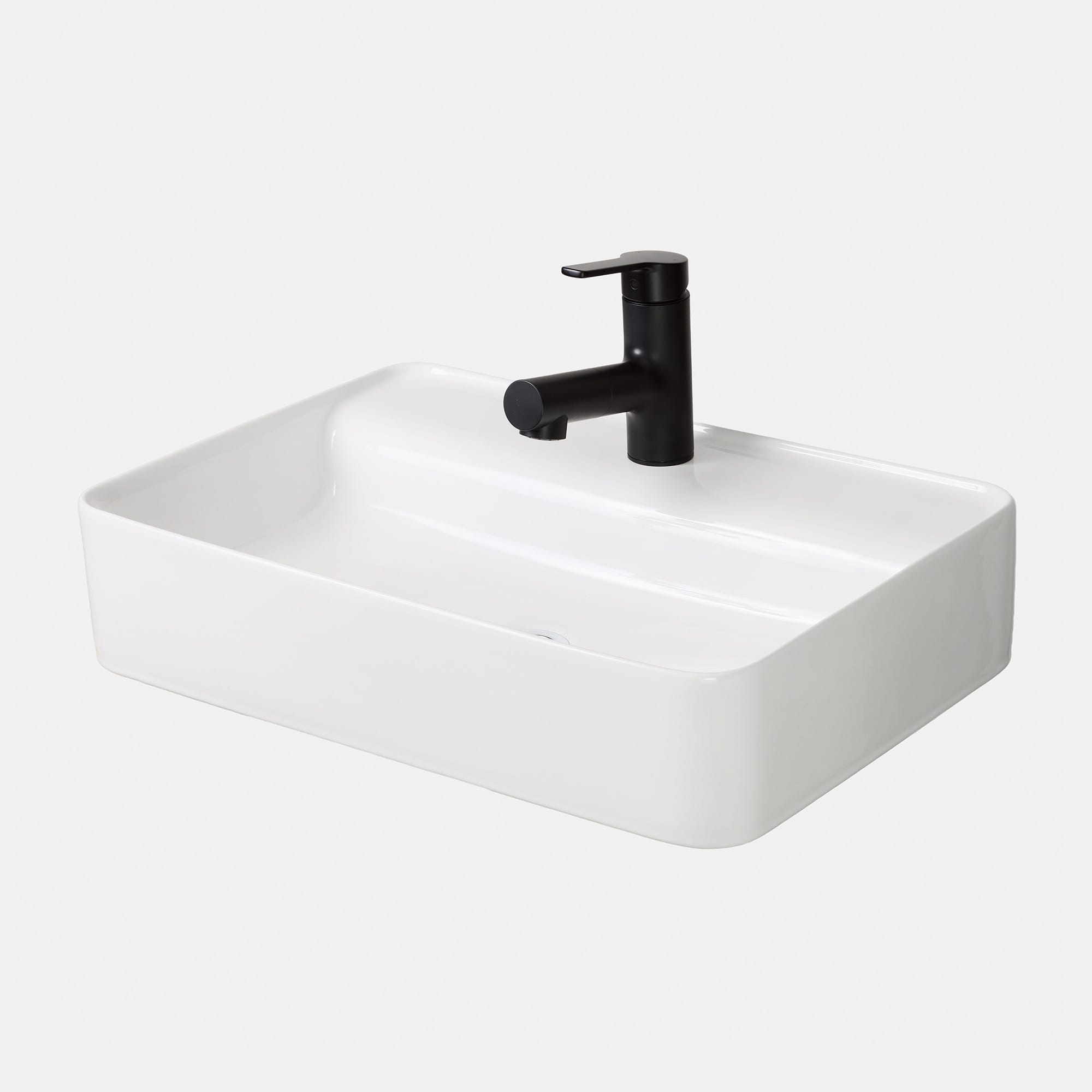 洗面水栓 SK-12：ストレートホース混合栓 ブラック KB-PT011-44-G201 「置き型洗面器 水栓デッキ 角600」との組み合わせ