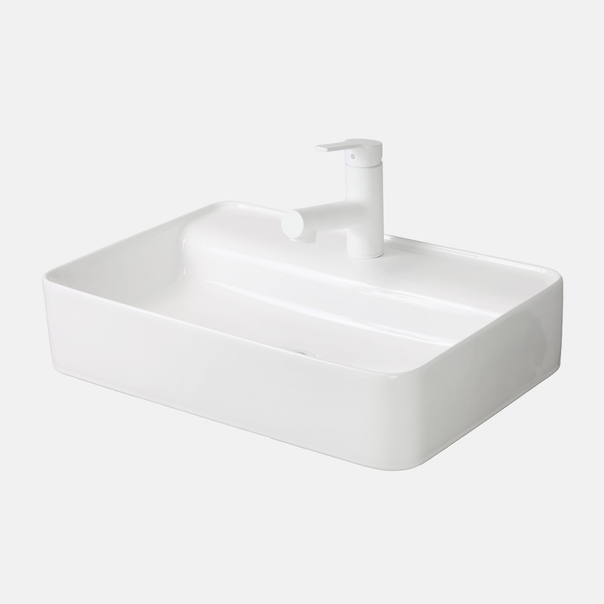 洗面水栓 SK-13：ストレートホース混合栓 ホワイト KB-PT011-45-G201 「置き型洗面器 水栓デッキ 角600」との組み合わせ