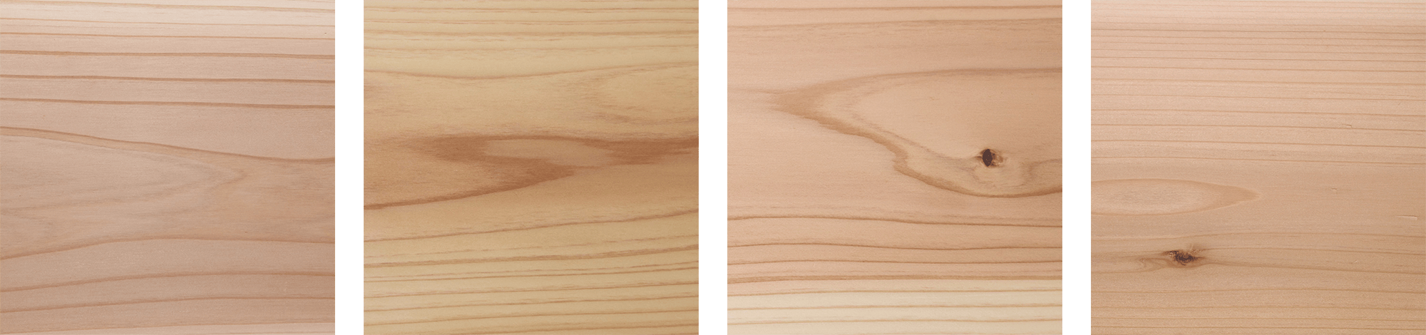 左から、無塗装 / 自然塗料 / ウレタン / セラウッド