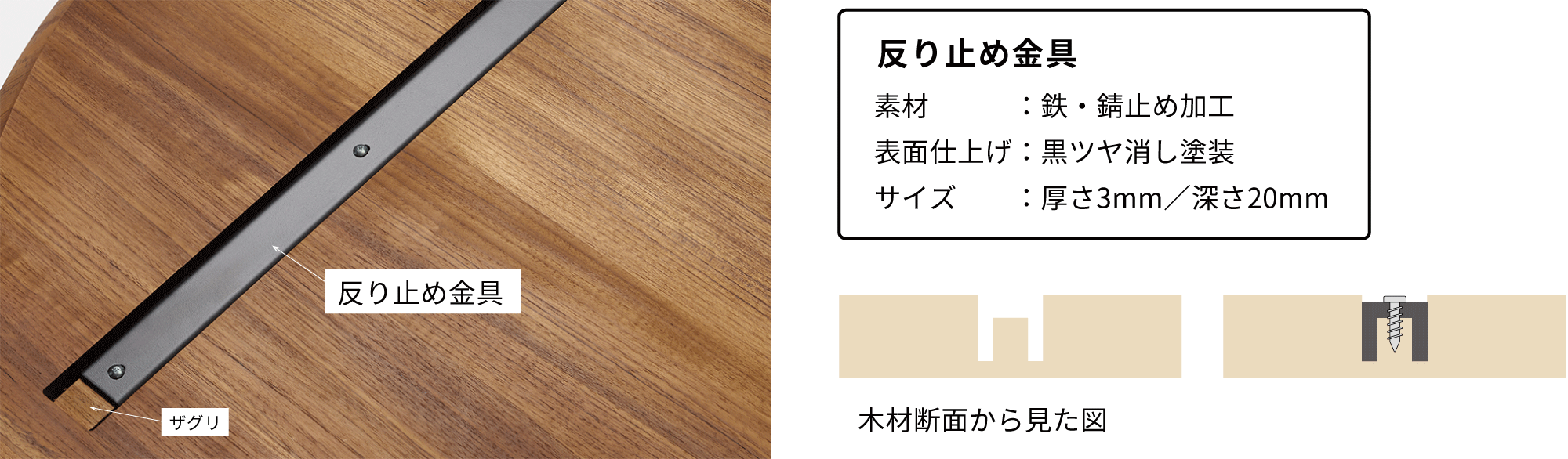 ザグリ（彫り込み加工）は木の収縮を考え、端が＋10mm程度大きく彫り込みされています