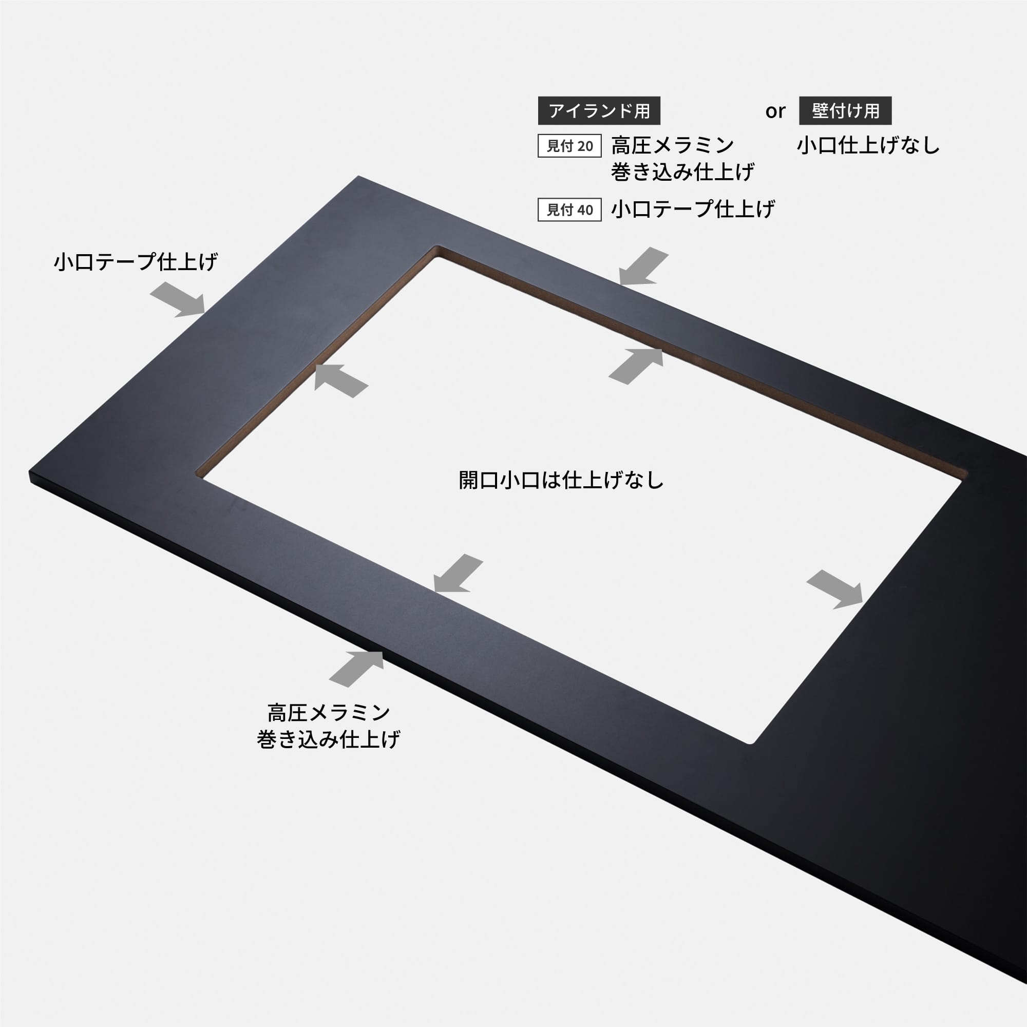 マットカラーのキッチン天板 コンロ＆スクエアシンク 見付20 KB-KC038-01-G321 見付20 ブラックのコンロ開口J：760×490mm