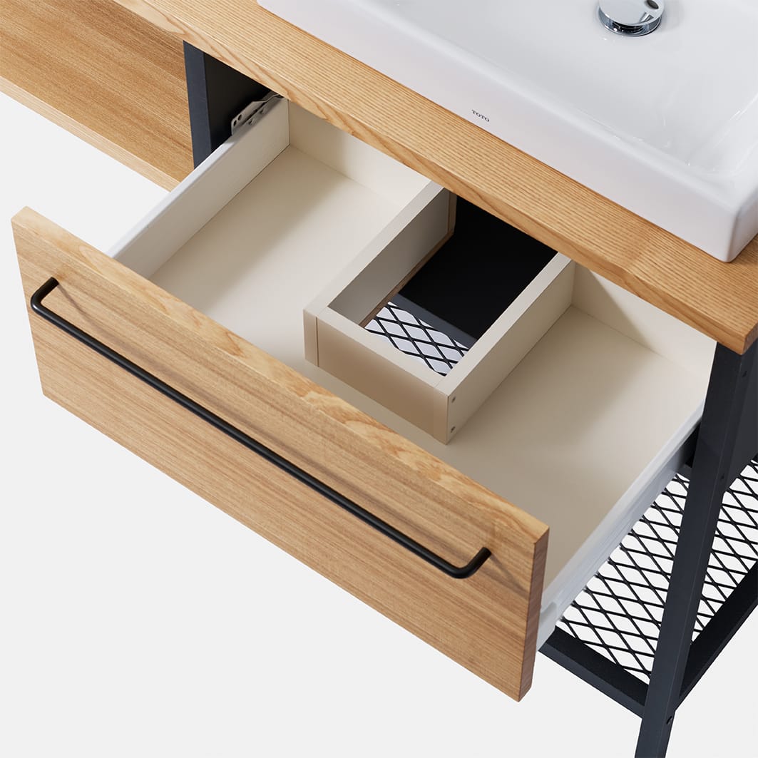 ワークカウンター洗面台 W1100～1500×D500 KB-PR009-06-G201 引き出しを開けた様子