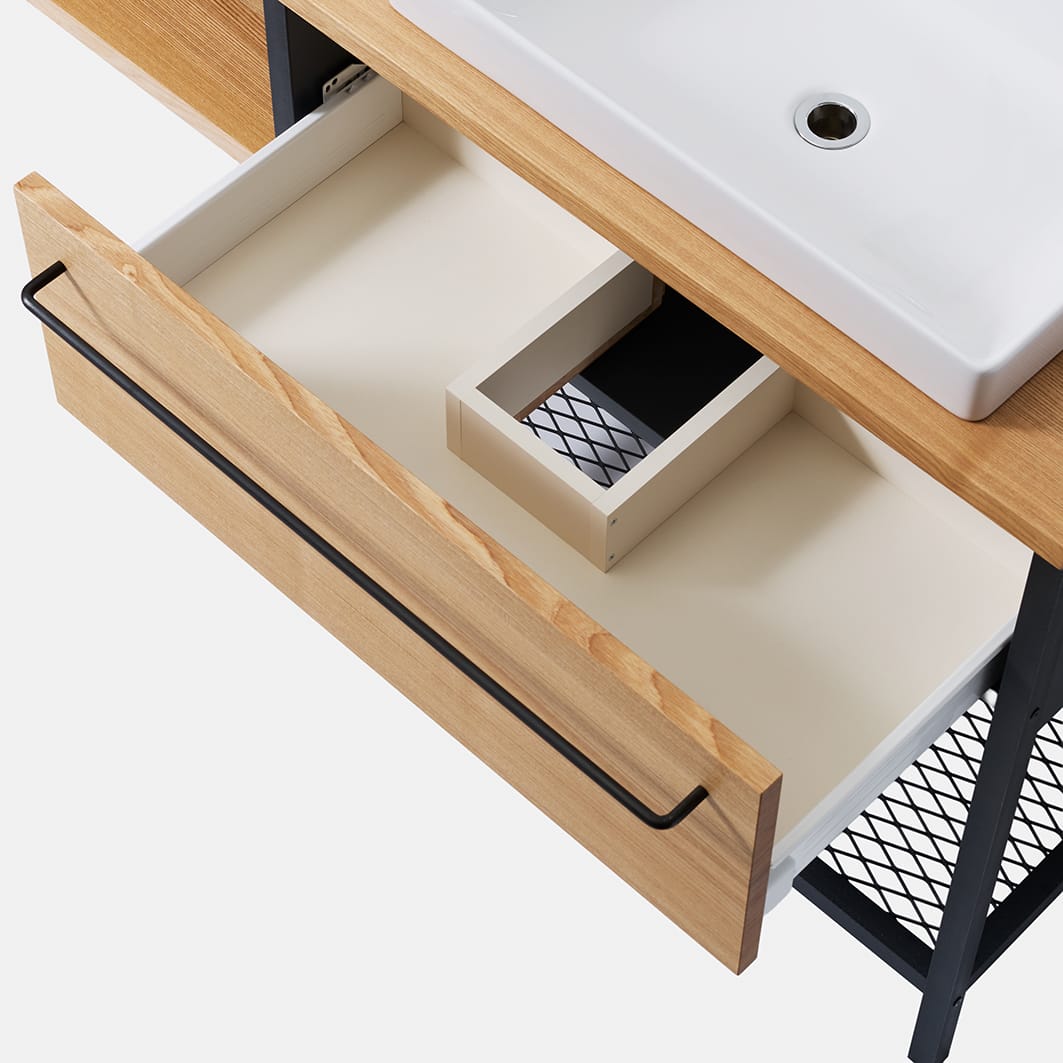 ワークカウンター洗面台 W1400～1800×D550 KB-PR009-08-G201 引き出しを開けた様子