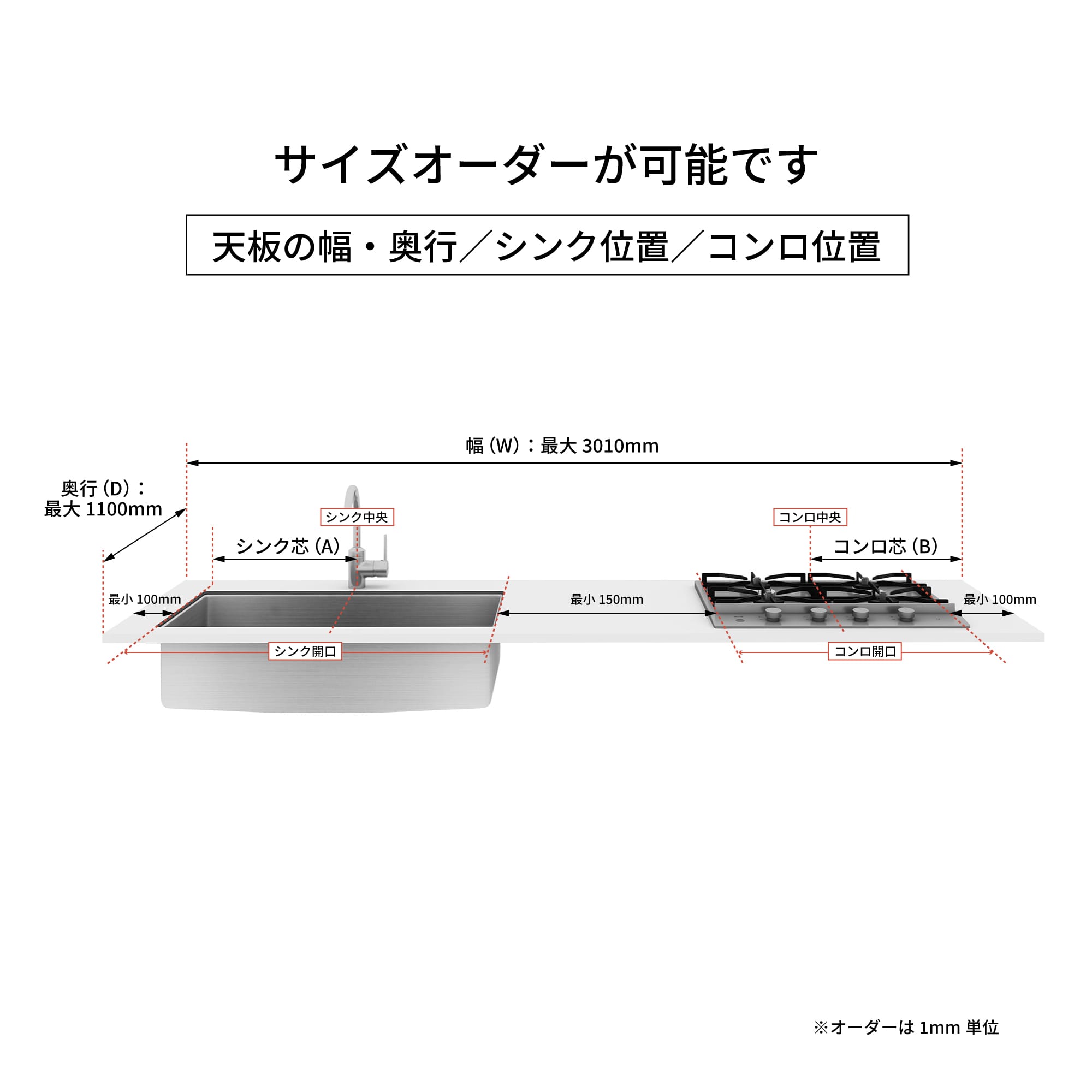 マットカラーのキッチン天板 コンロ＆スクエアシンク 見付40 KB-KC038-07-G324