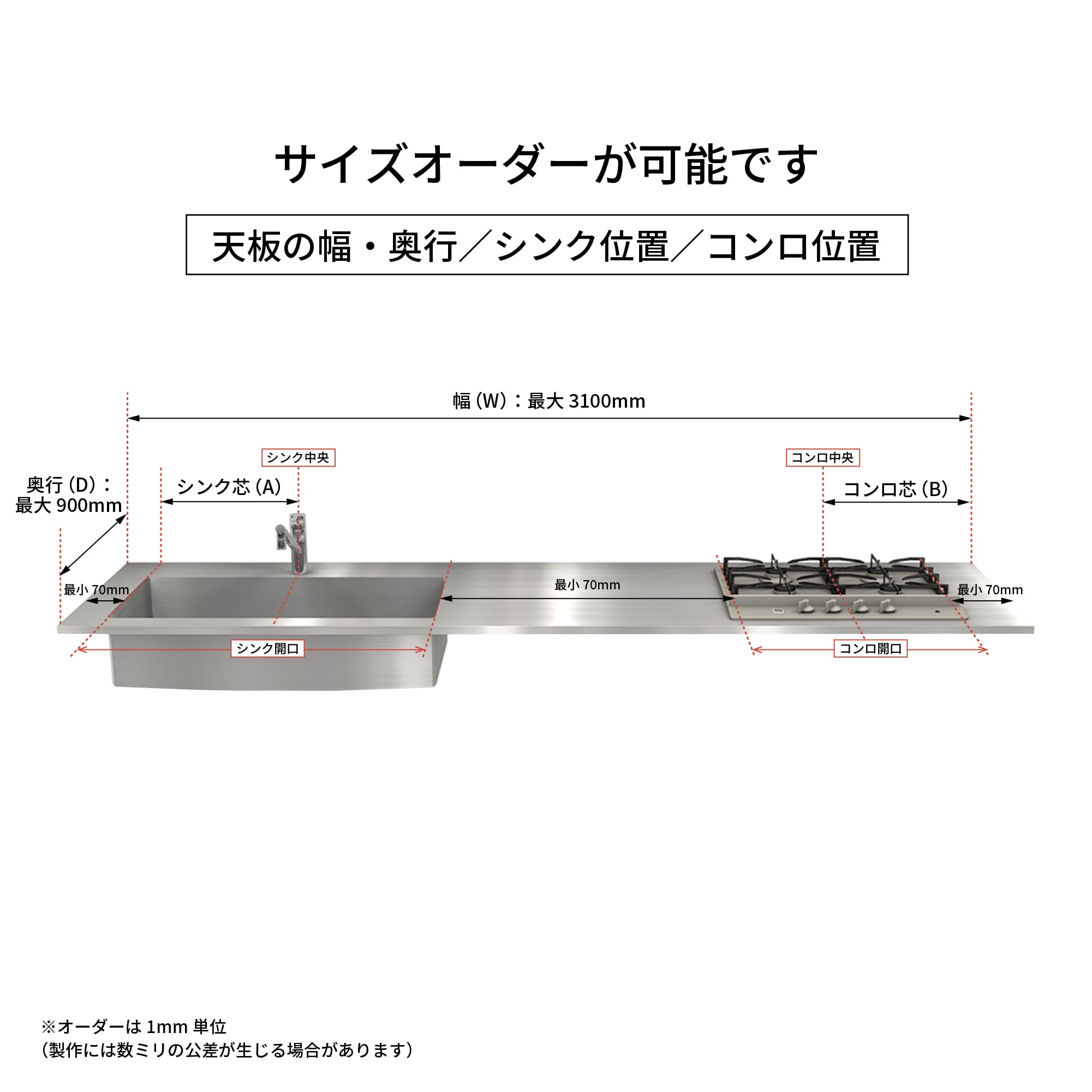 オーダーキッチン天板 コンロ＆スクエアシンク KB-KC012-23-G183
