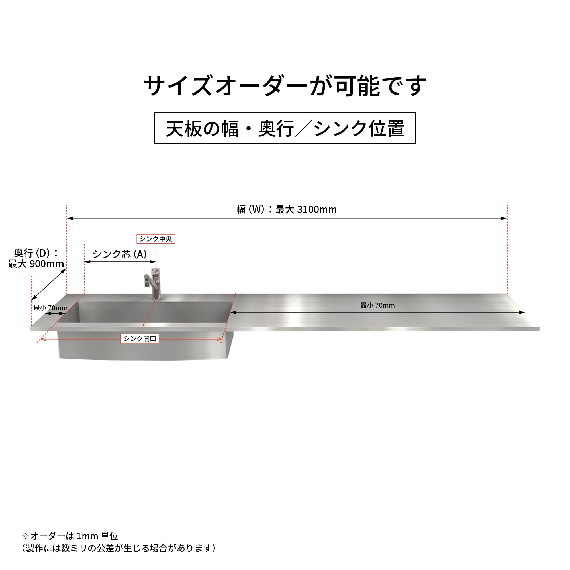 オーダーキッチン天板 スクエアシンク KB-KC012-24-G183