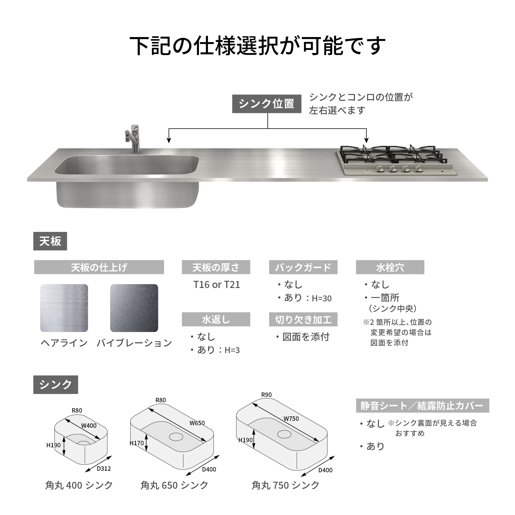 オーダーキッチン天板 コンロ＆角丸シンク KB-KC012-21-G183 水栓・コンロは別ページより手配してください