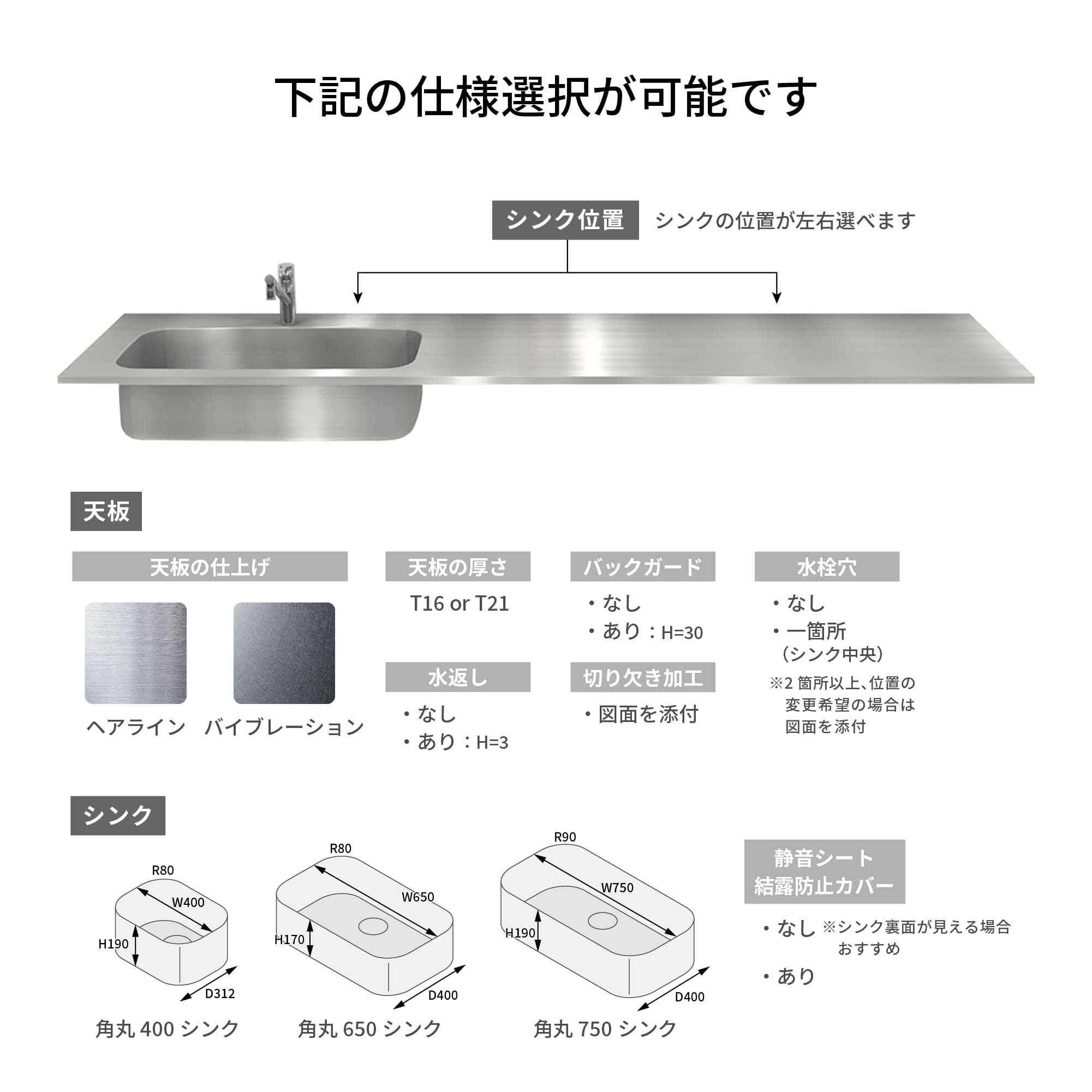 オーダーキッチン天板 角丸シンク KB-KC012-22-G183 水栓は別ページより手配してください