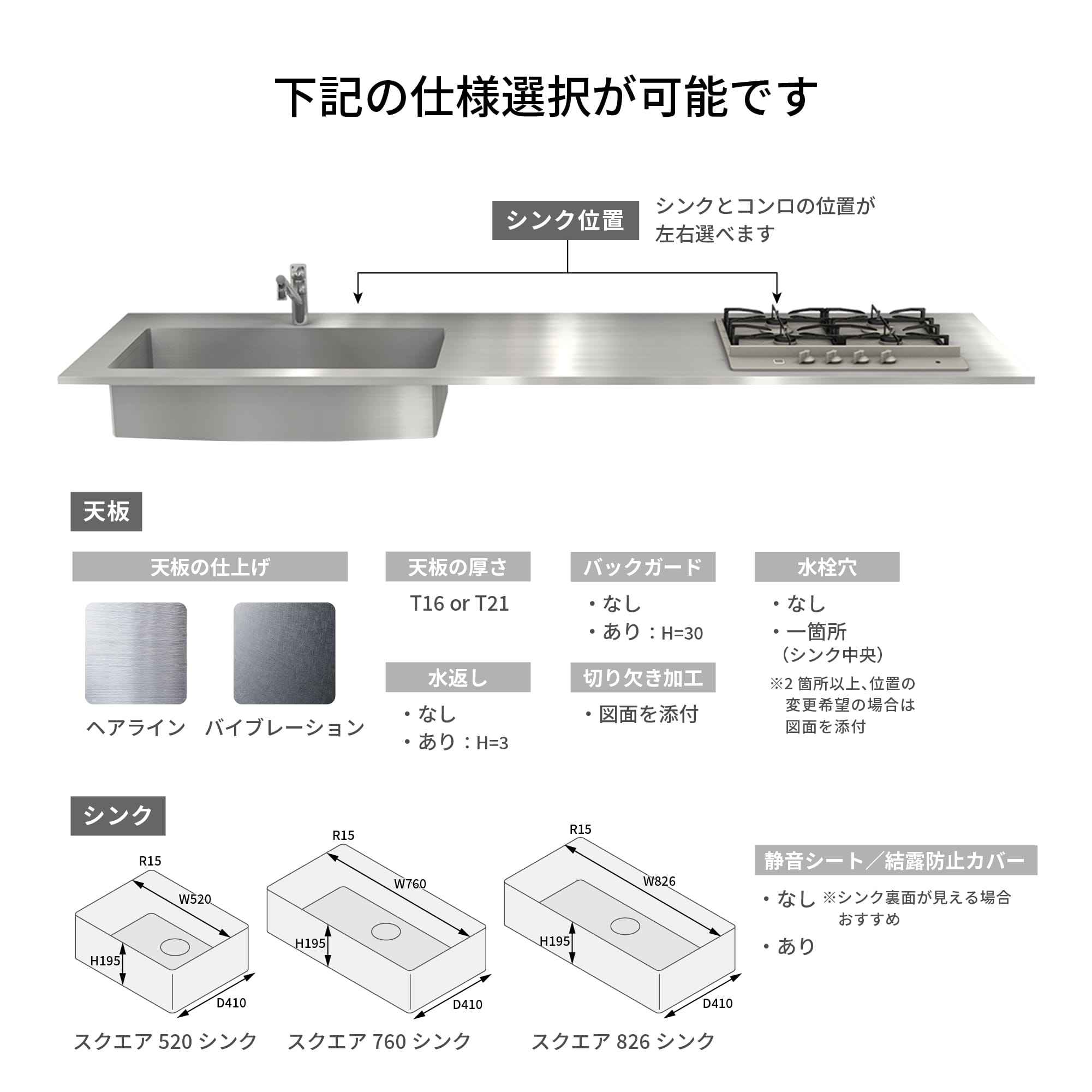 オーダーキッチン天板 コンロ＆スクエアシンク KB-KC012-23-G183 水栓・コンロは別ページより手配してください