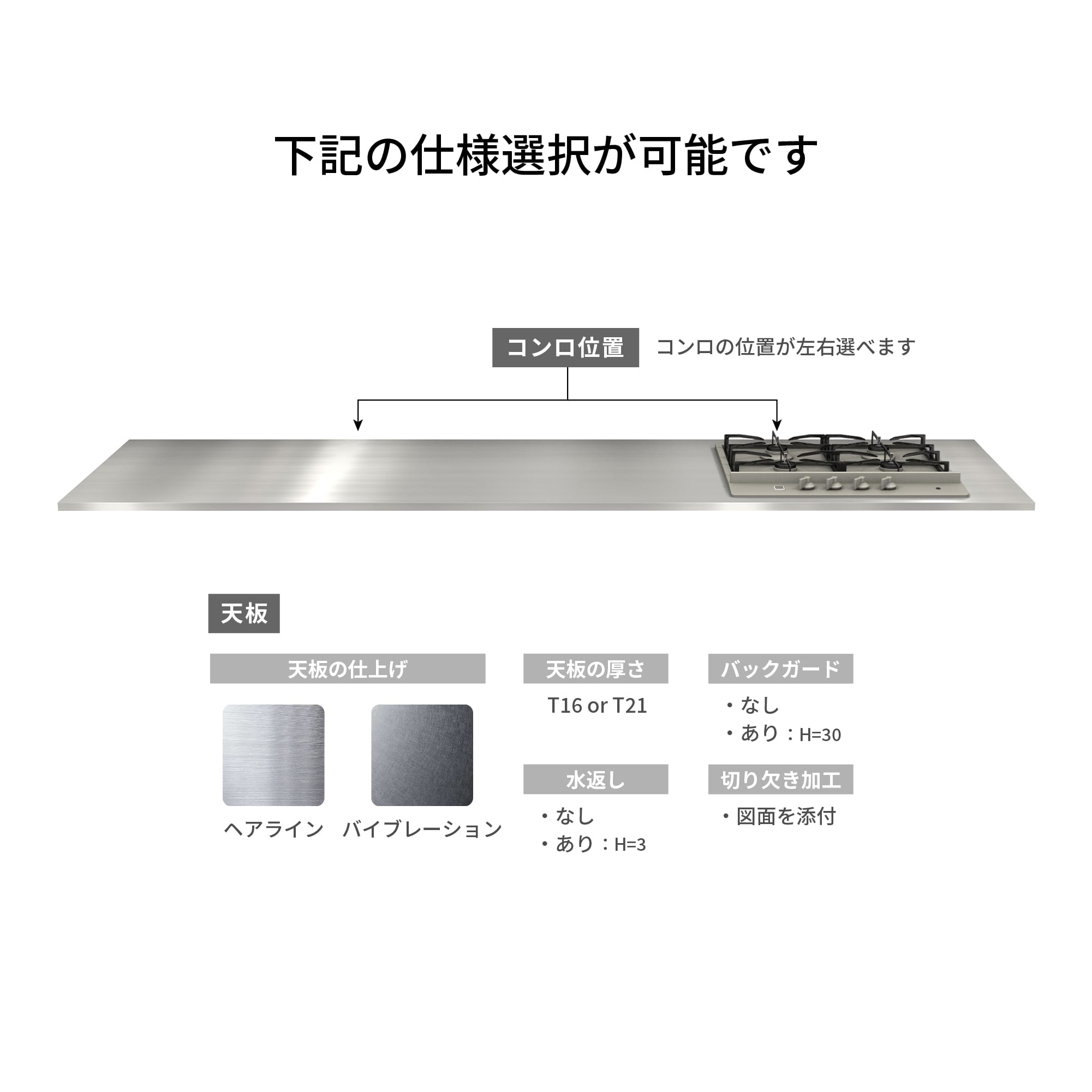 オーダーキッチン天板 コンロ KB-KC012-12-G183 コンロは別ページより手配してください